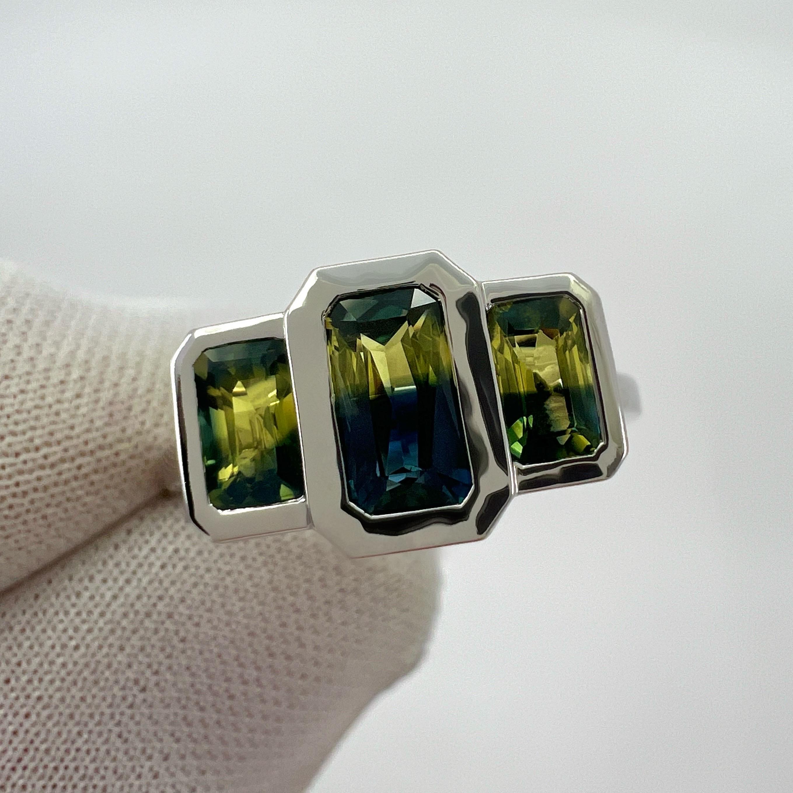 2.00ct Bi Colour Yellow Blue Australian Sapphire 18k White Gold Three Stone Ring For Sale 4