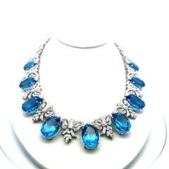 200ct Blue Oval Gemstone and 17ct Diamond 10K WG Vintage Statement Necklace