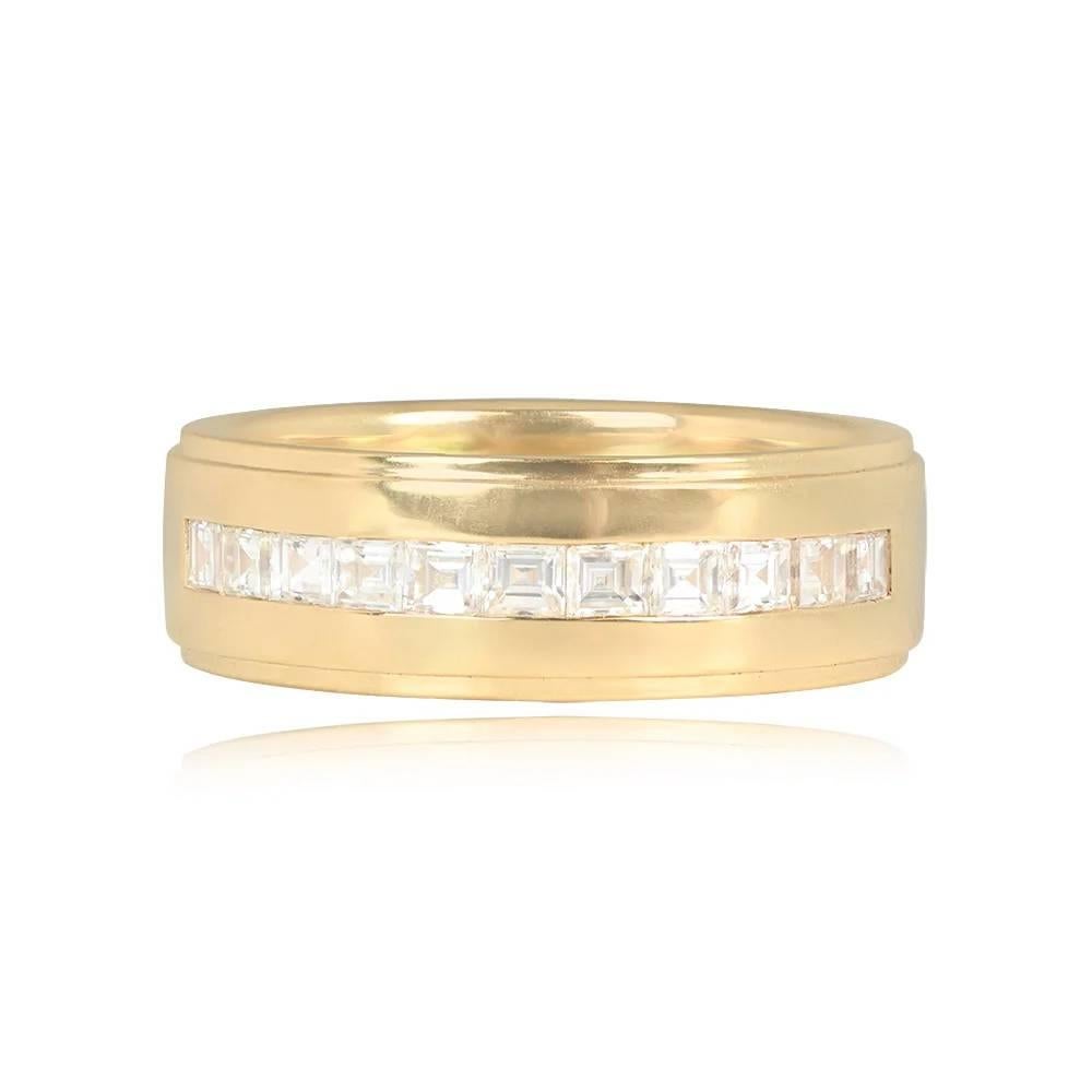 A beautiful wedding band showcasing a half-eternity of carre-cut diamonds with a total weight of approximately 2.00 carats, G-H color, and VS1 clarity. Handcrafted in 18k yellow gold, the band has a width of 8mm, with the diamonds measuring 2mm in