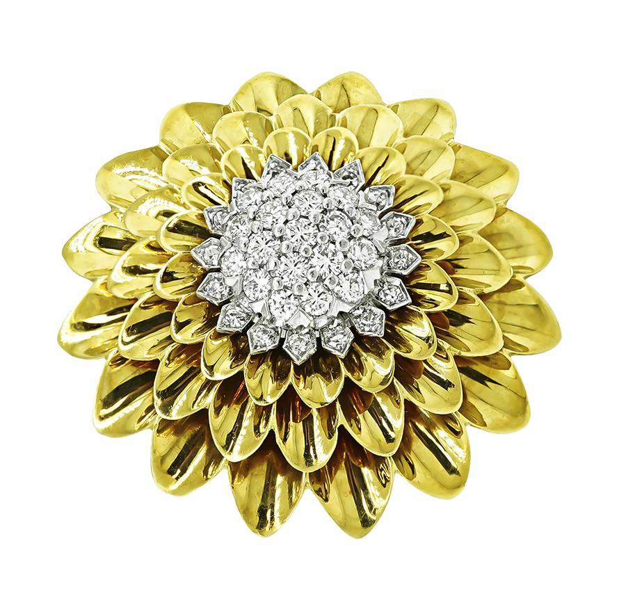 2.00ct Diamant Gold Blume Pin (Rundschliff) im Angebot