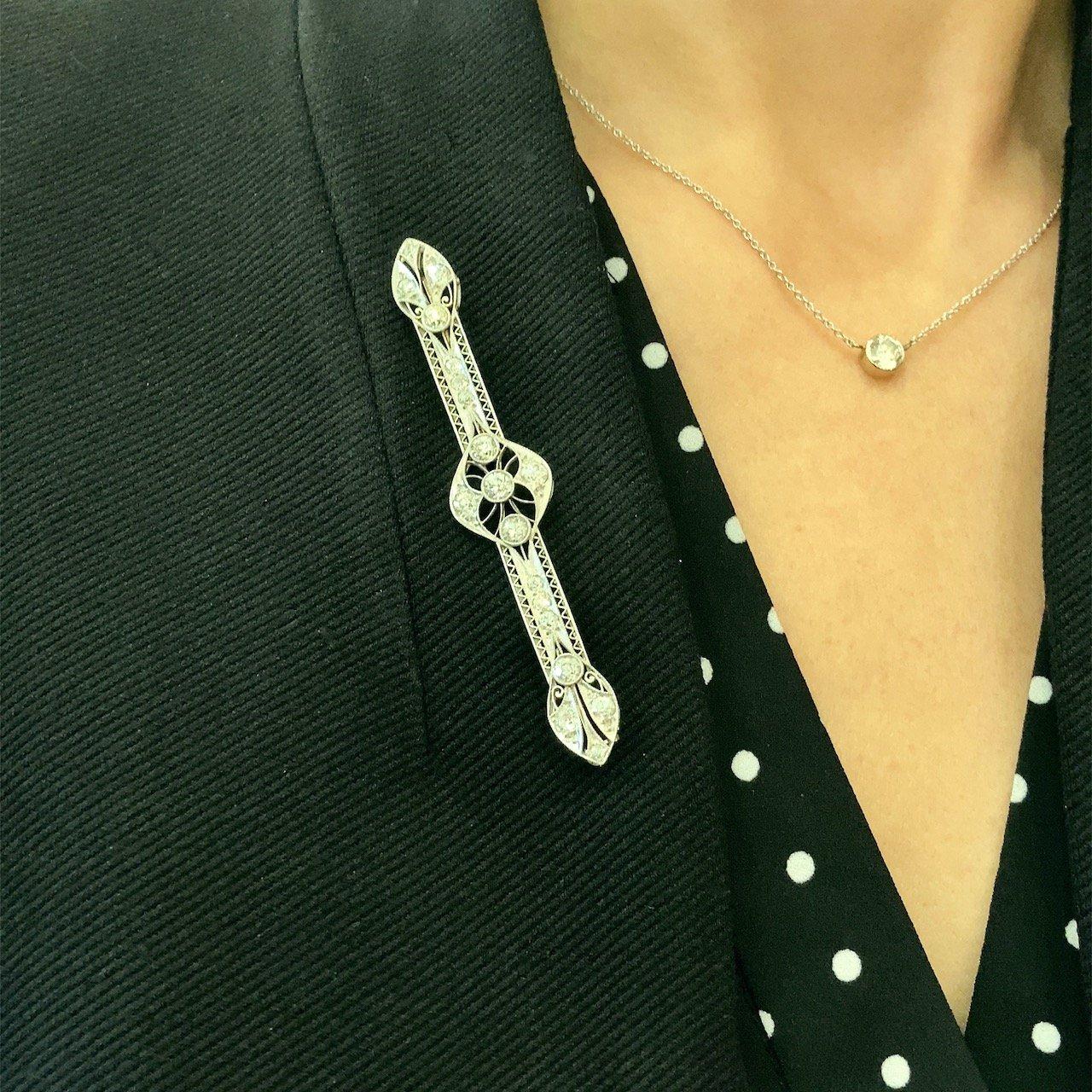 Old European Cut Antique 2.00CT Diamond Platinum 1920's Art Deco Pin For Sale