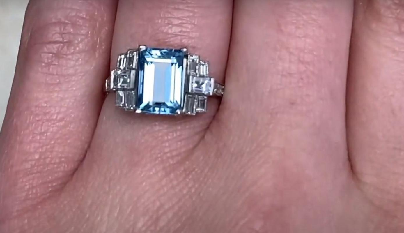 2.00ct Emerald Cut Natural Aquamarine Engagement Ring, Platinum For Sale 2