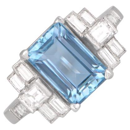 2.00ct Emerald Cut Natural Aquamarine Engagement Ring, Platinum For Sale
