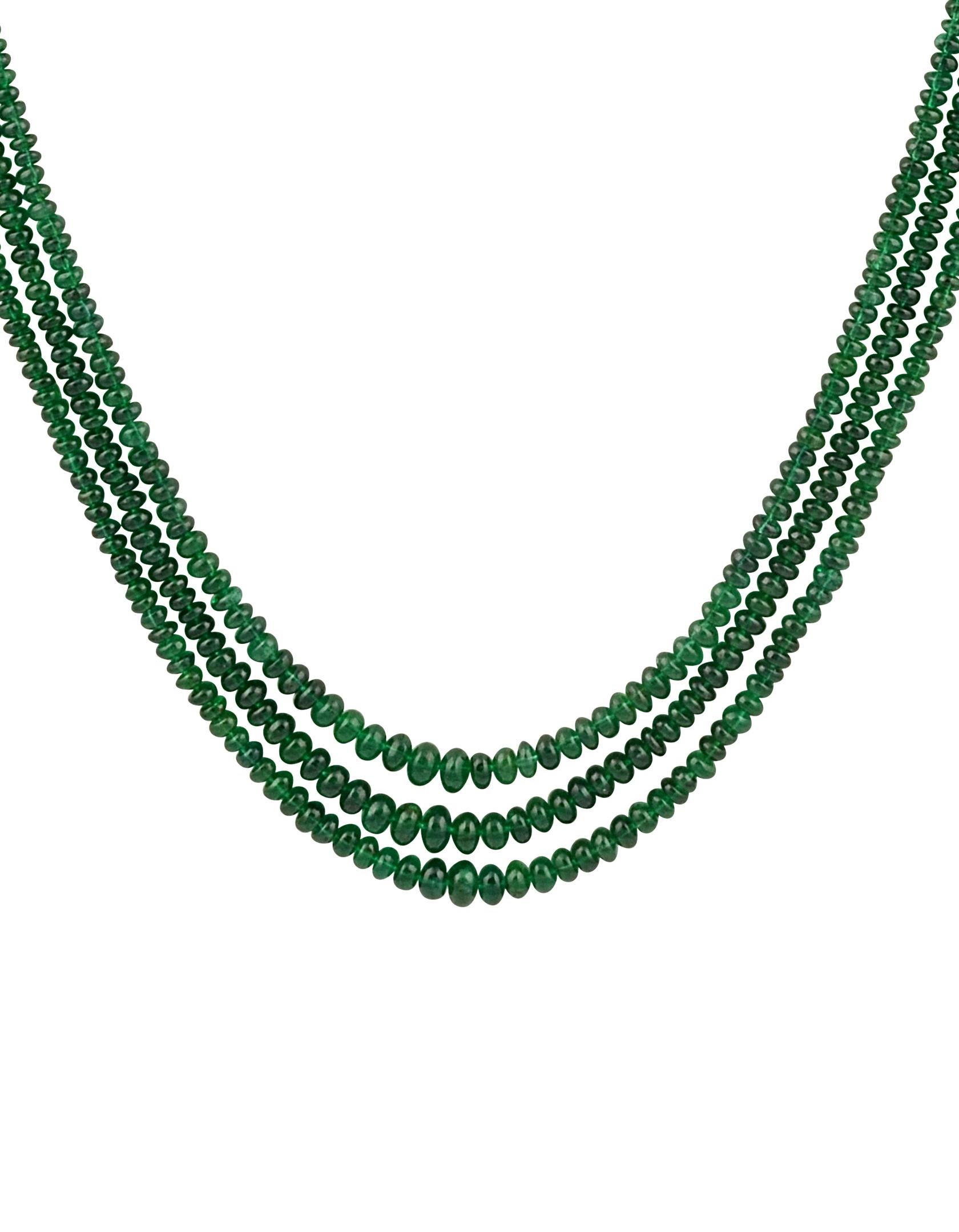 Approximately 200 Carat  very fine Emerald Beads 3 Line Necklace With 14 Karat Yellow Gold Clasp Adjustable with multiple links
This spectacular Necklace   consisting of approximately 200 Ct  of fine beads.
The shine sparkle and brilliance with deep