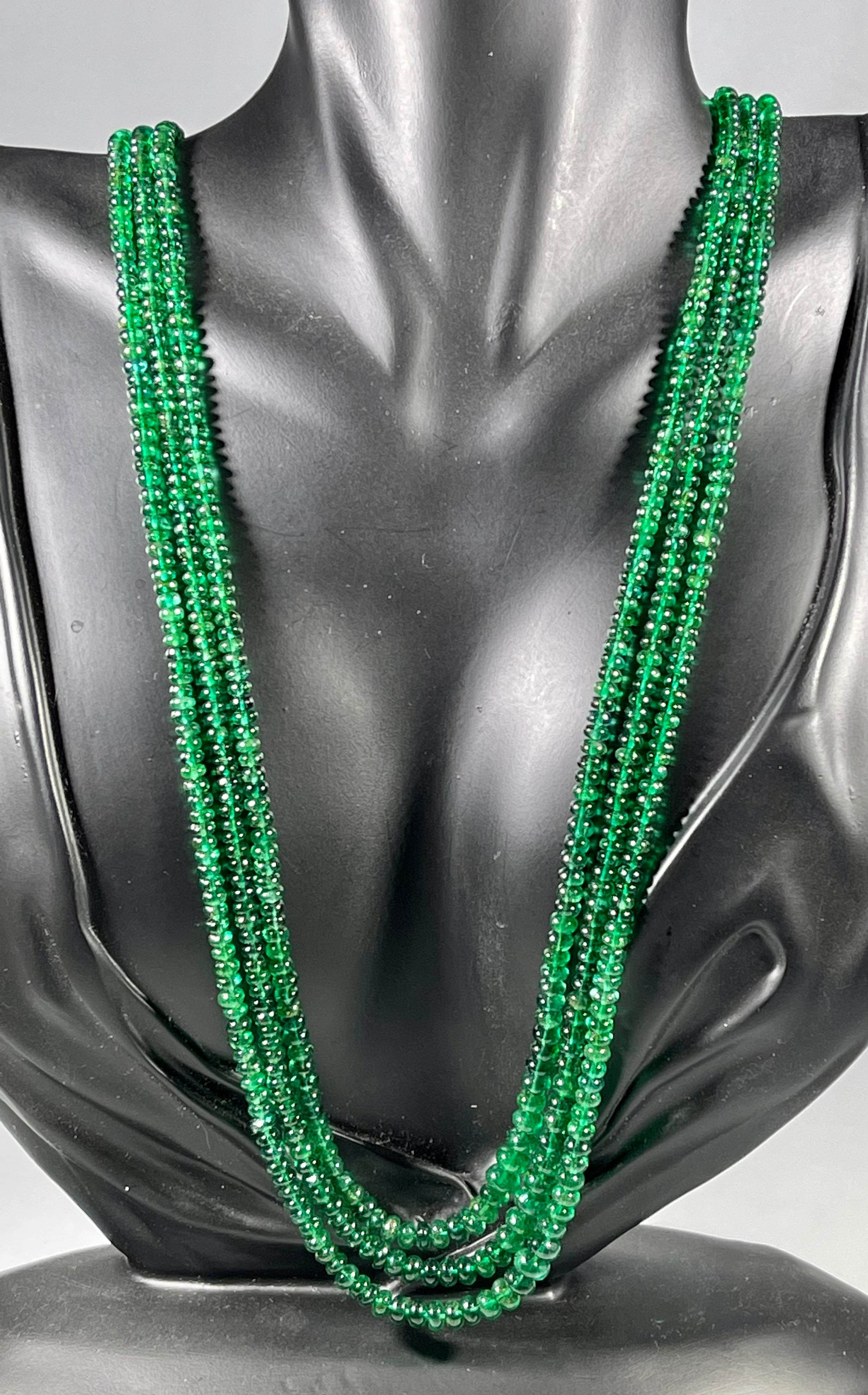 Women's 200Ct Fine Emerald Beads 3 Line Necklace with 14 Kt Yellow Gold Clasp Adjustable For Sale