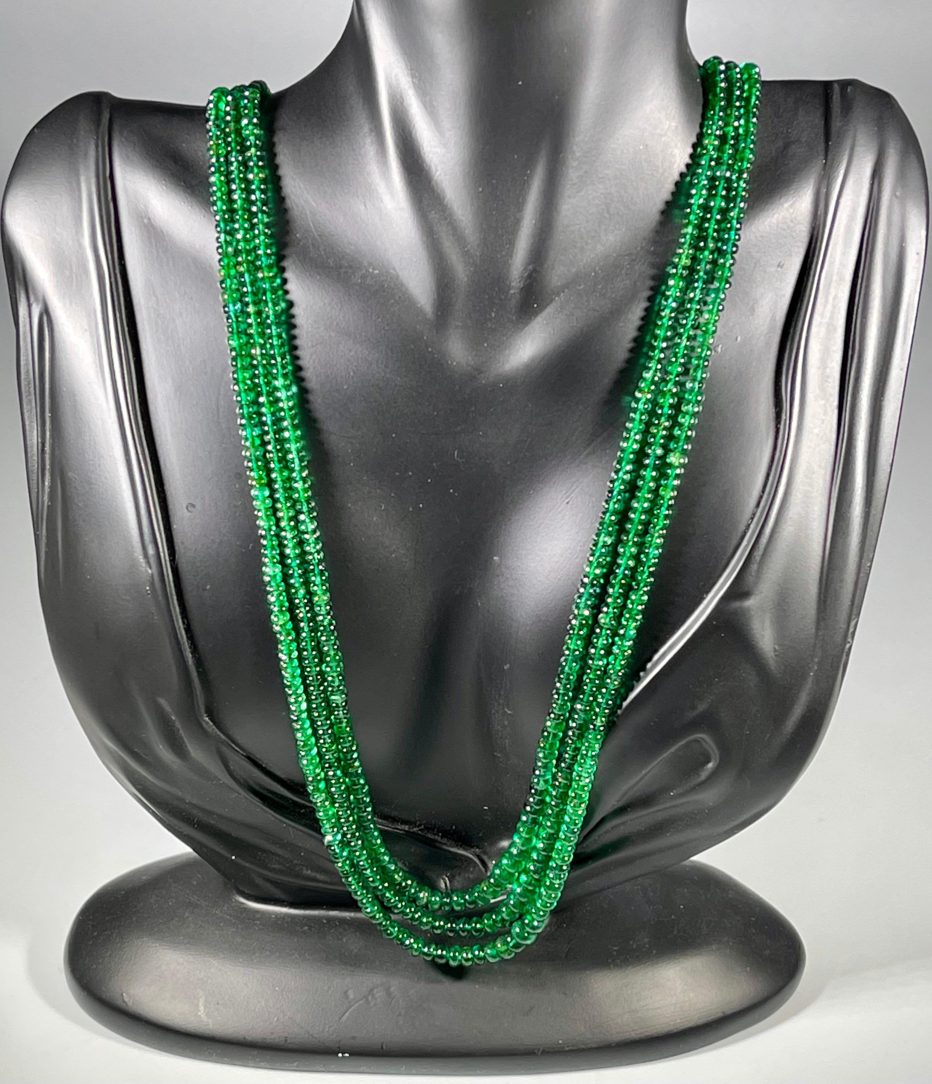 200Ct Fine Emerald Beads 3 Line Necklace with 14 Kt Yellow Gold Clasp Adjustable For Sale 1