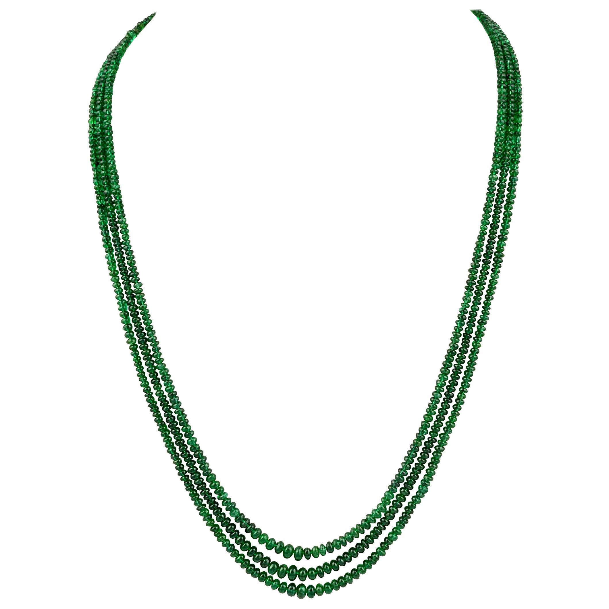 200Ct Fine Emerald Beads 3 Line Necklace with 14 Kt Yellow Gold Clasp Adjustable For Sale
