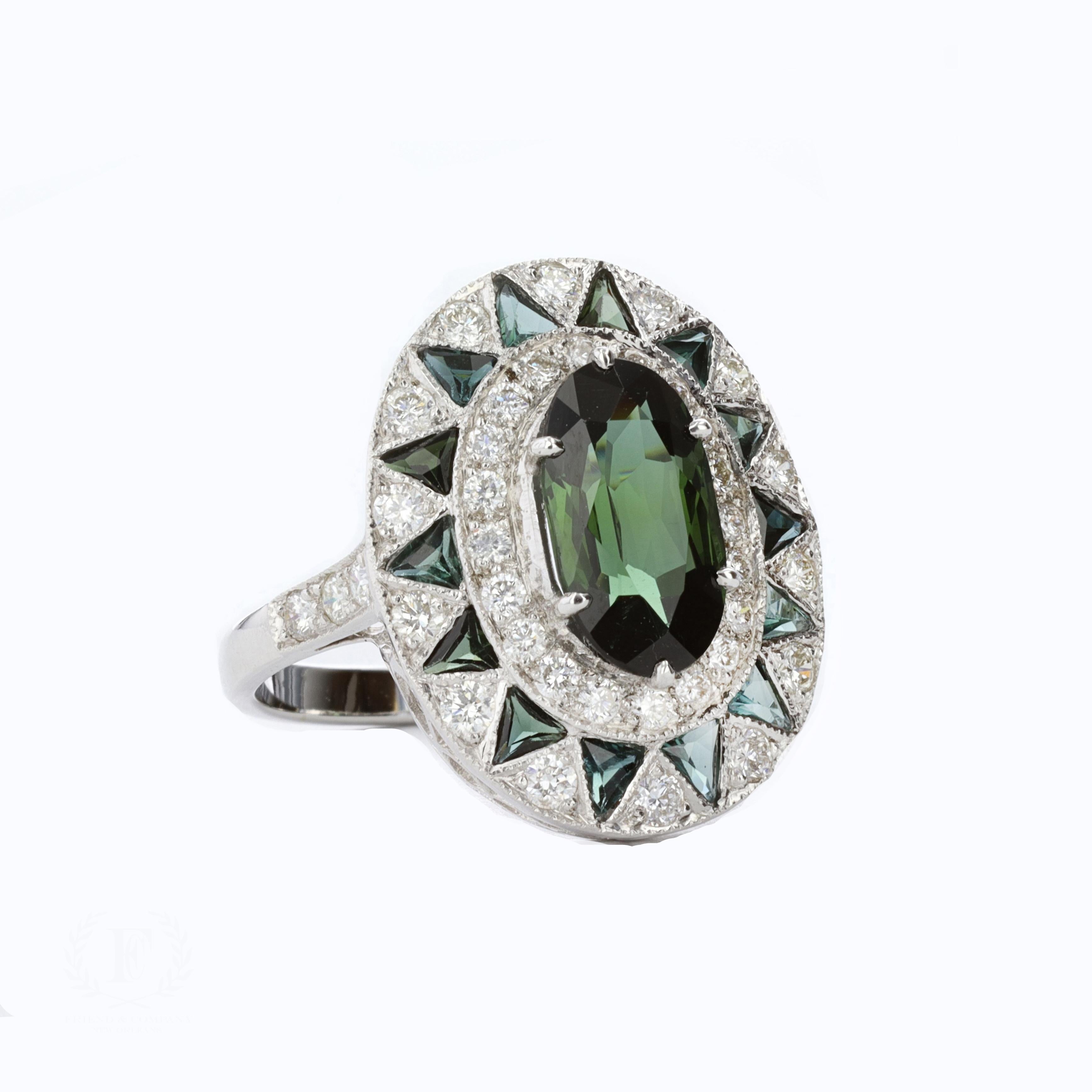 Art Nouveau 2.00ct Green Tourmaline 0.80ct Diamond 18k White Gold Ring.