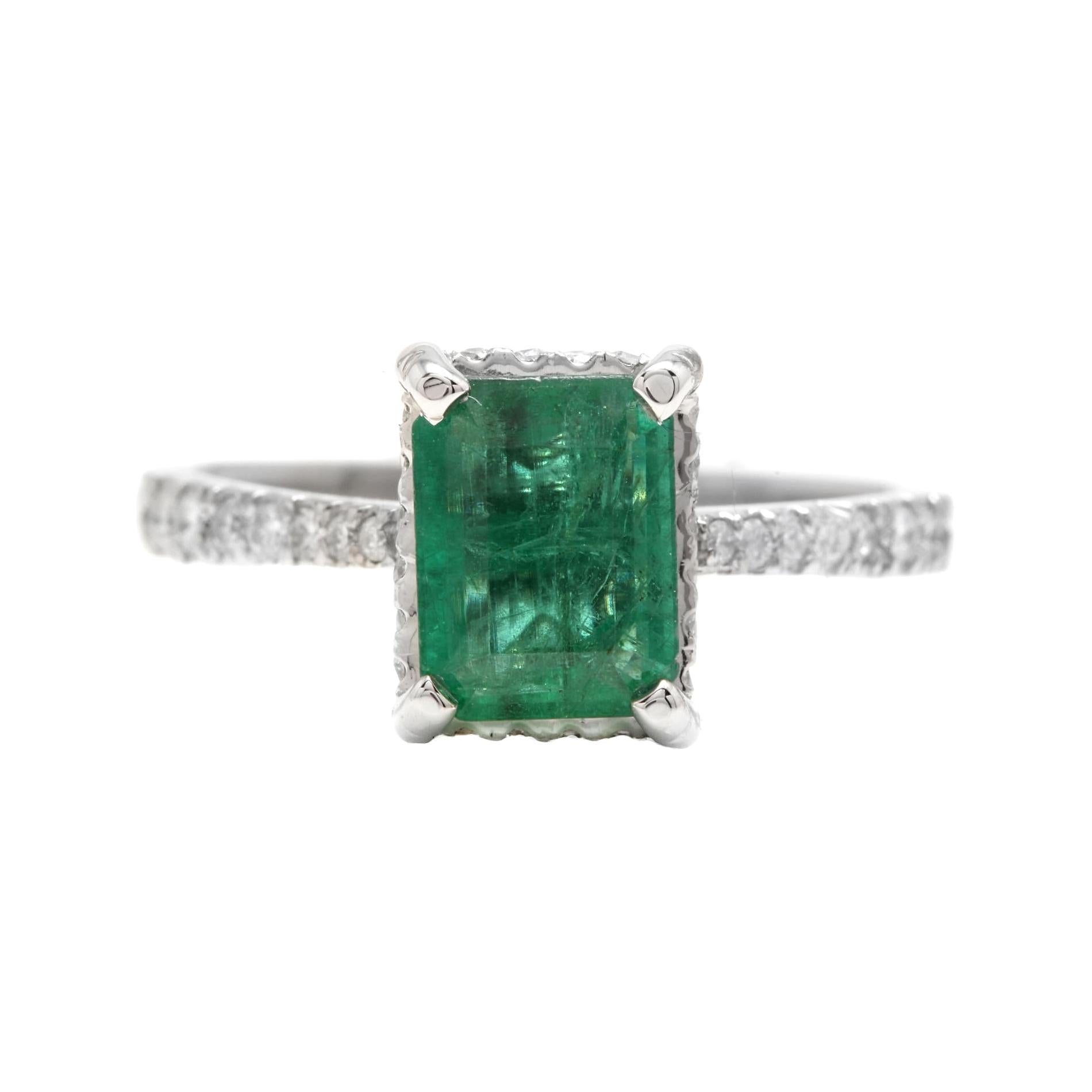 2.00ct Natural Emerald & Diamond 14k Solid White Gold Ring For Sale