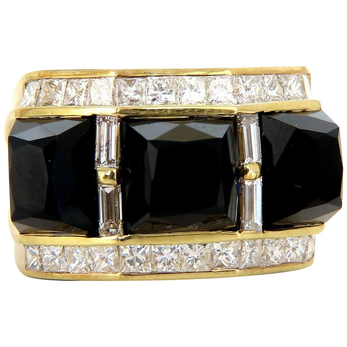 2.00 Carat Natural Jet Black Onyx Diamonds Ring 18 Karat