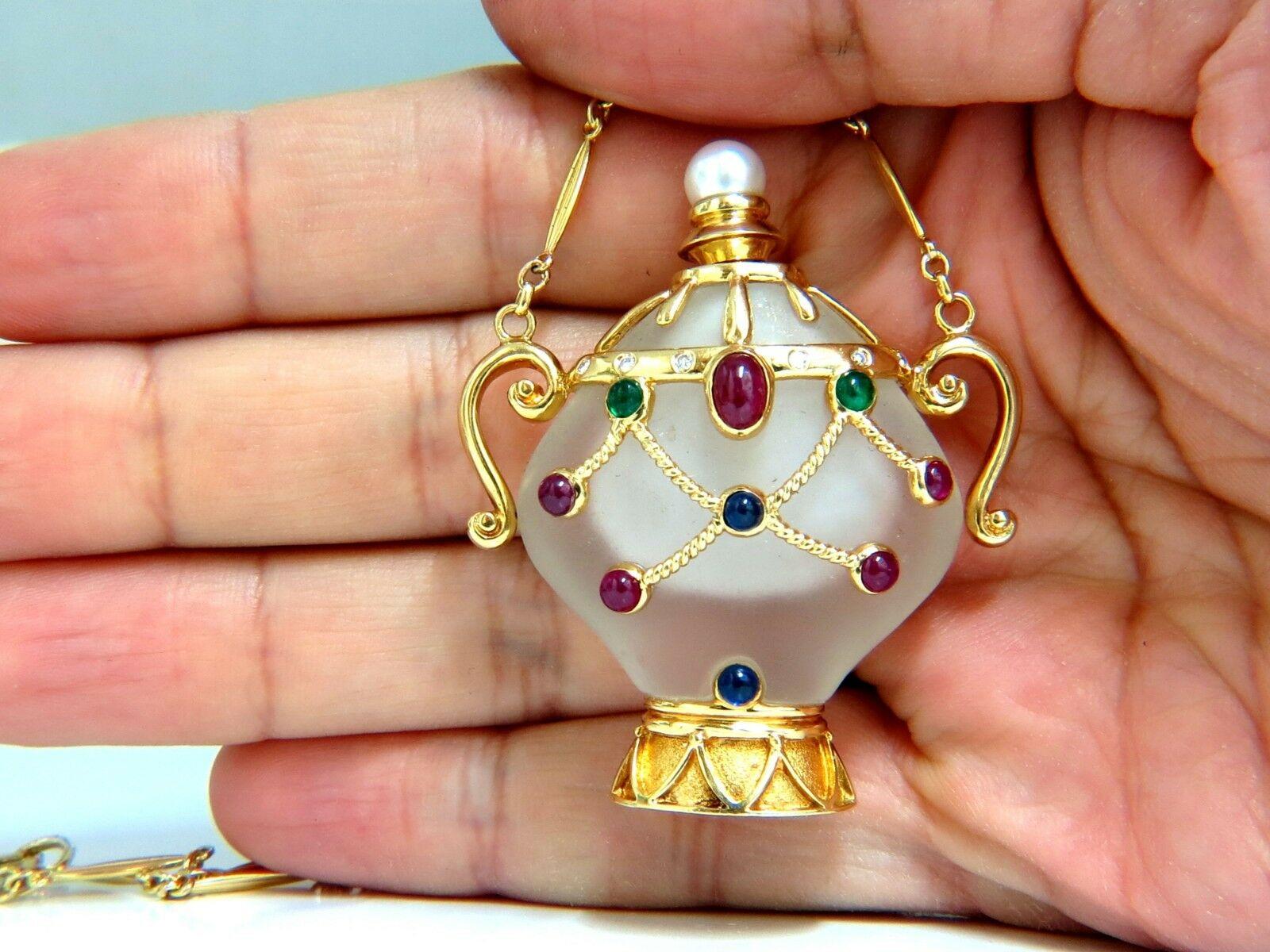 Cabochon 2.00ct Natural Sapphire Ruby Emerald Diamond Perfume Flask Jar Pendant 18 Karat