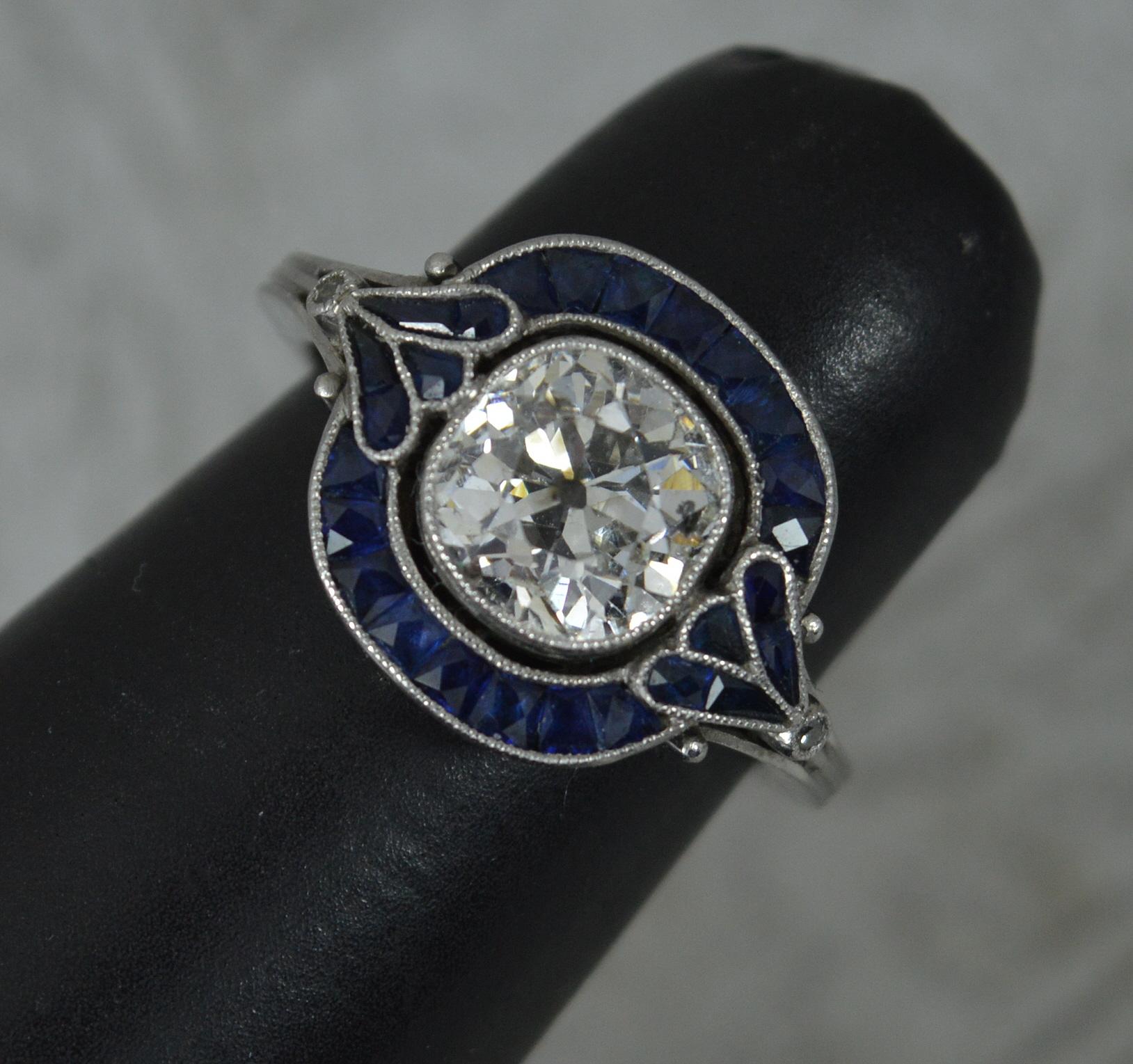 2.00ct Old Mine Cut Diamond 0.84ct French Cut Sapphire Platinum Target Halo Ring For Sale 8