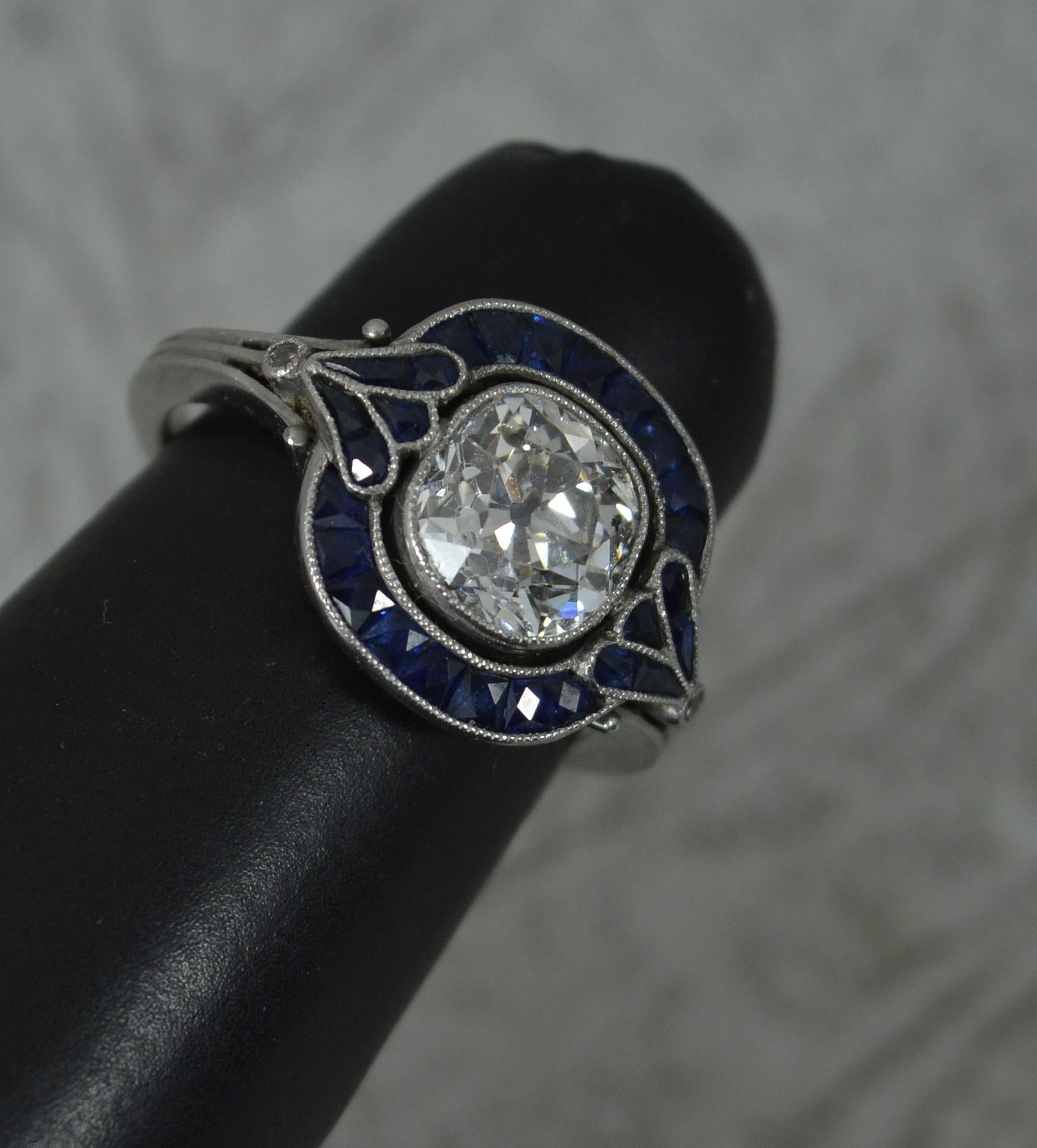 2.00ct Old Mine Cut Diamond 0.84ct French Cut Sapphire Platinum Target Halo Ring For Sale 10
