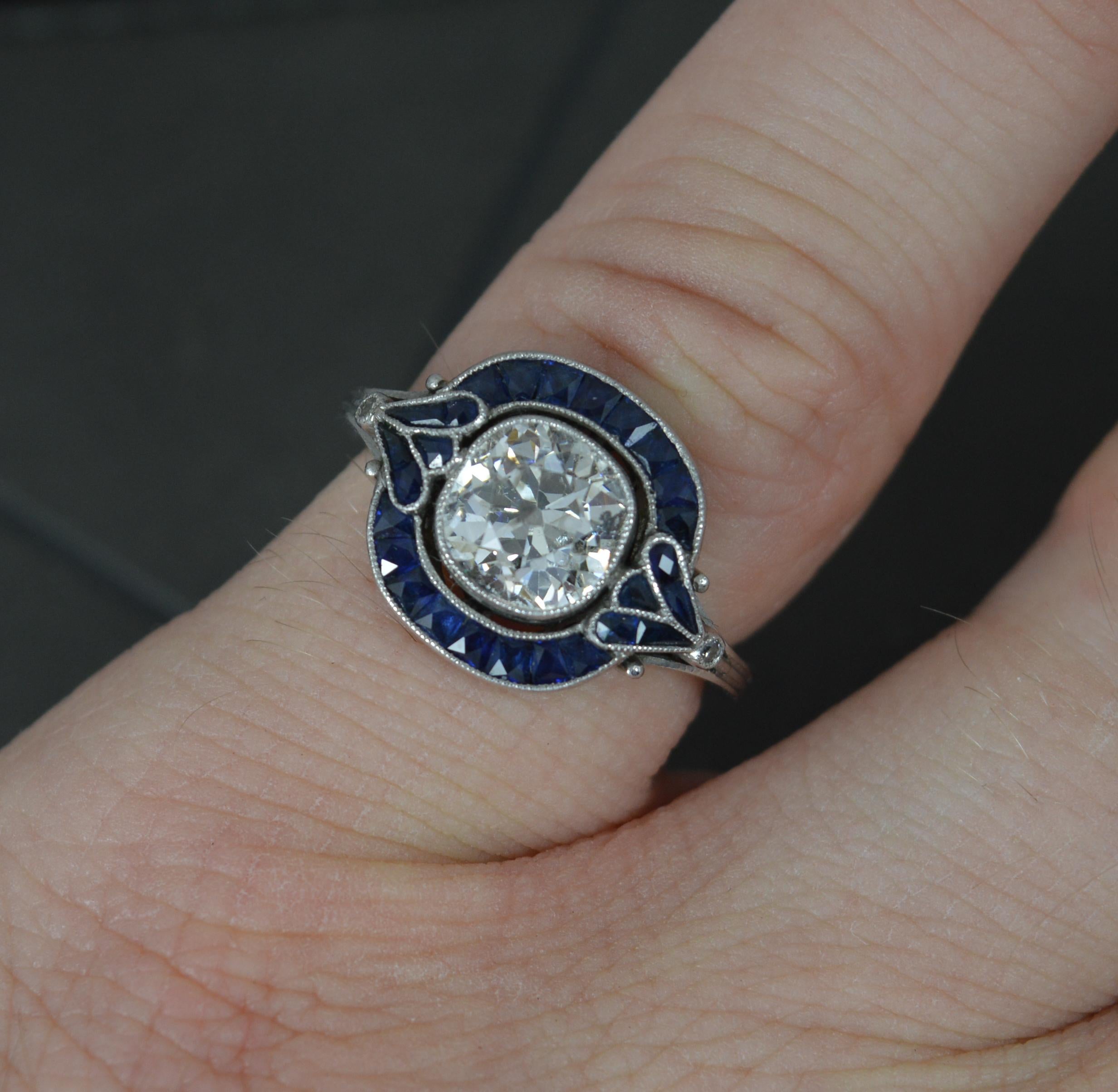 2.00ct Old Mine Cut Diamond 0.84ct French Cut Sapphire Platinum Target Halo Ring In Excellent Condition In St Helens, GB