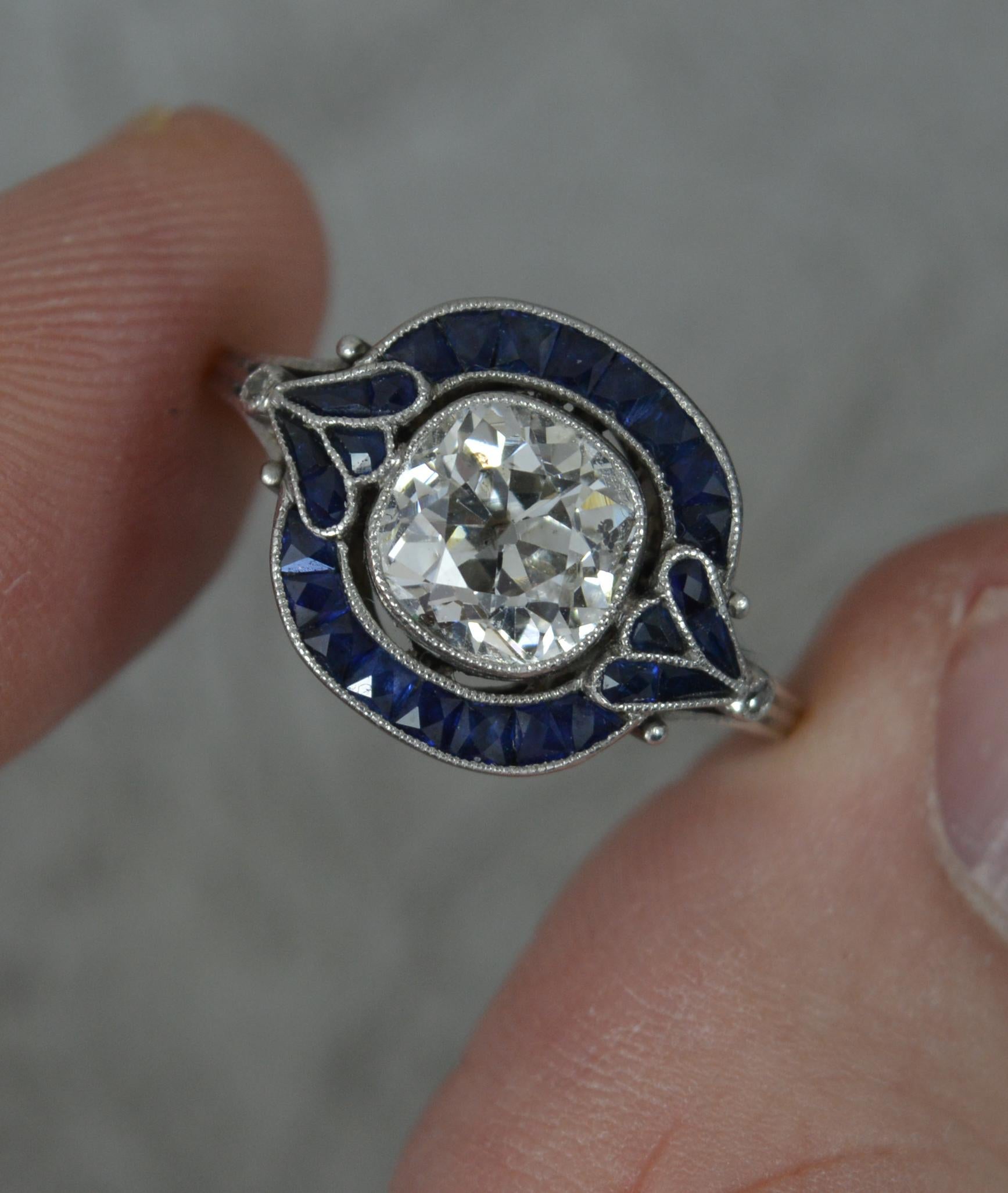 2.00ct Old Mine Cut Diamond 0.84ct French Cut Sapphire Platinum Target Halo Ring For Sale 2