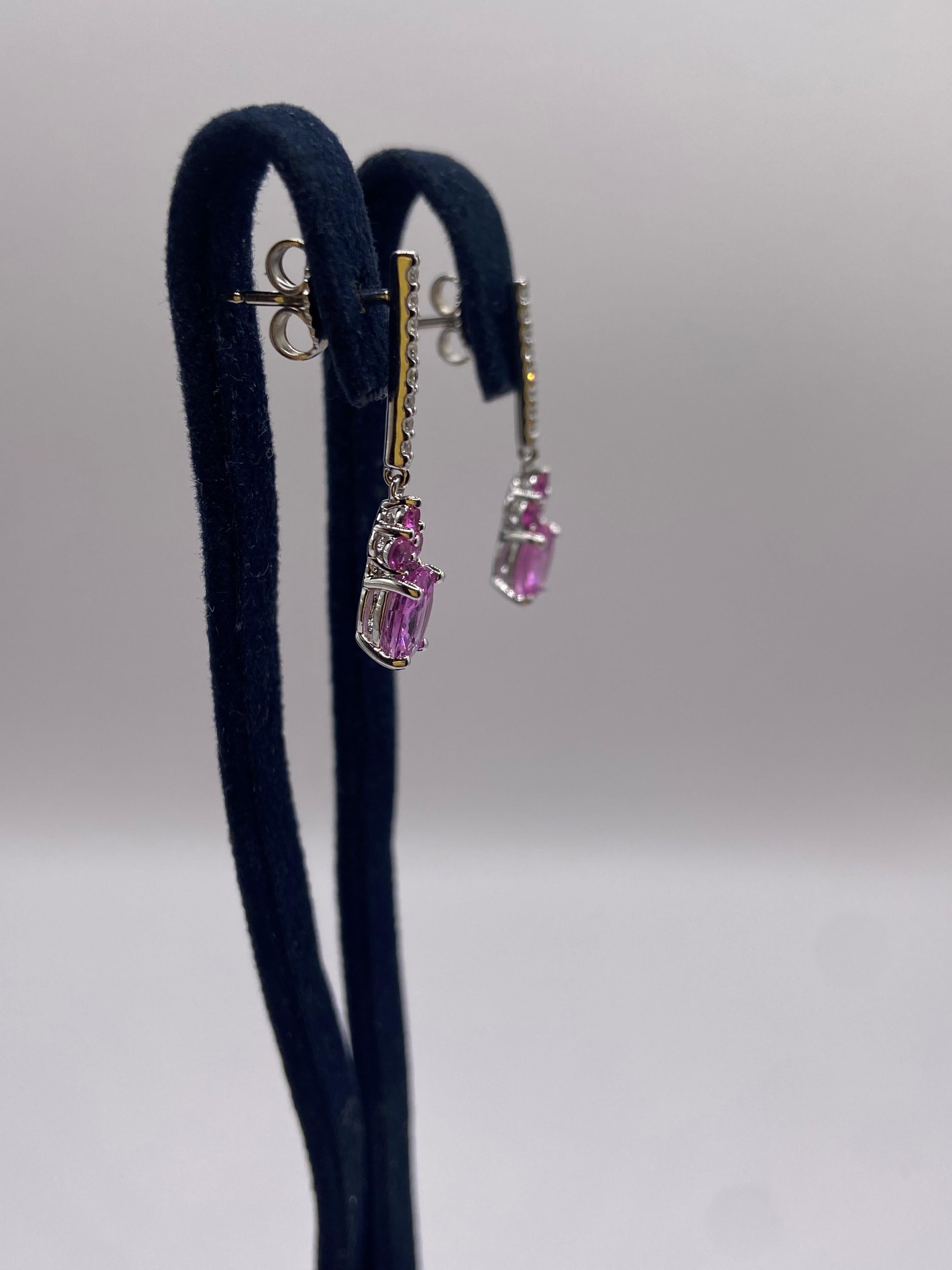Modern 2.00ct Oval Pink Sapphire & Diamond Earrings in 14KT White Gold For Sale