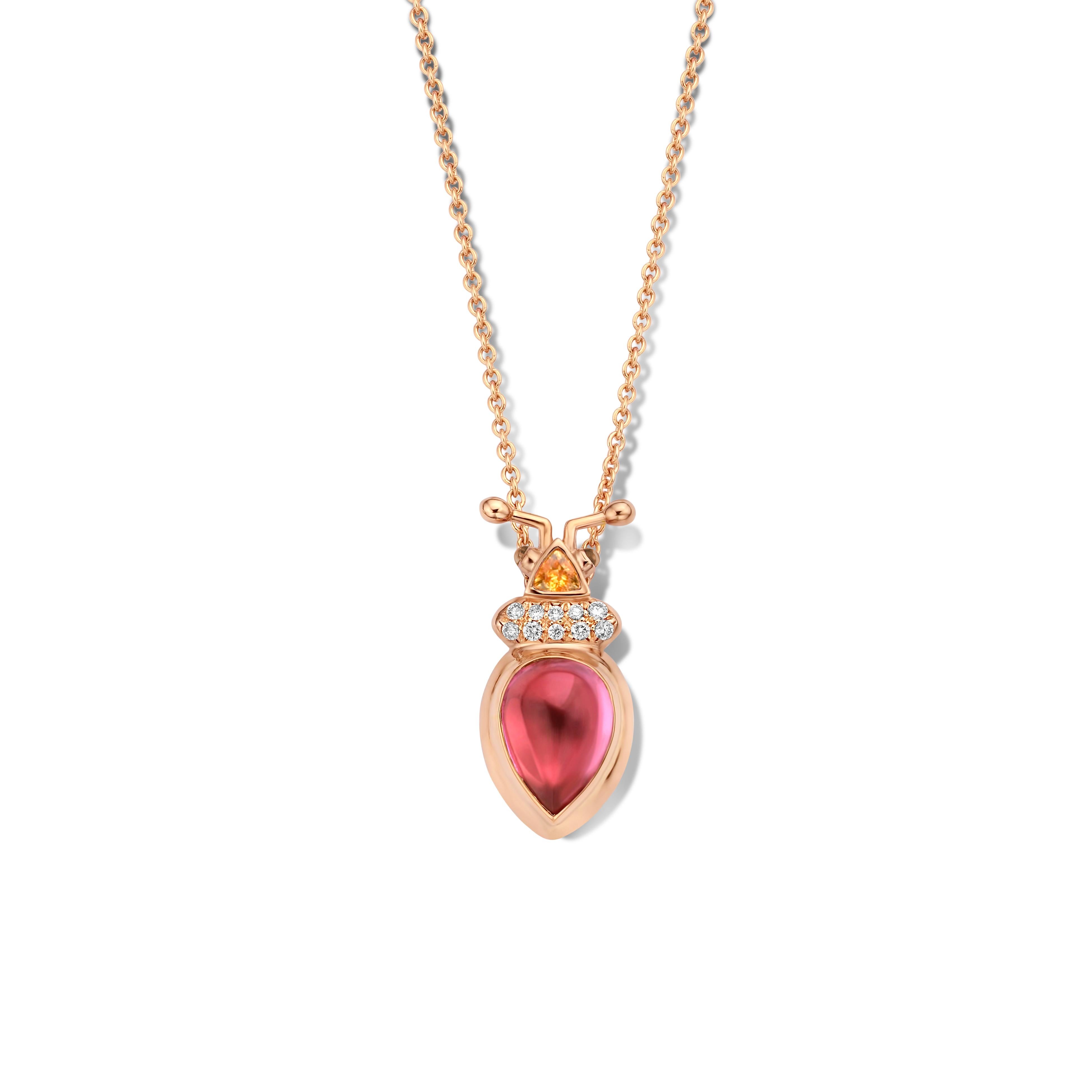 One of a kind lucky beetle necklace in 18K rose gold 10g set with the finest diamonds in brilliant cut 0,09Ct (VVS/DEF quality) and one natural, pink tourmaline in pear cabouchon cut 2,00Ct. The head is set with a mandarin garnet in trillion cut and