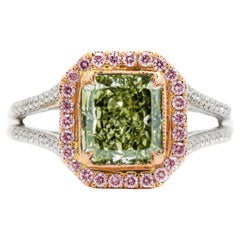 Anello con diamante verde-giallo radiante da 2,00ct, VS2, certificato GIA, 14K/20K