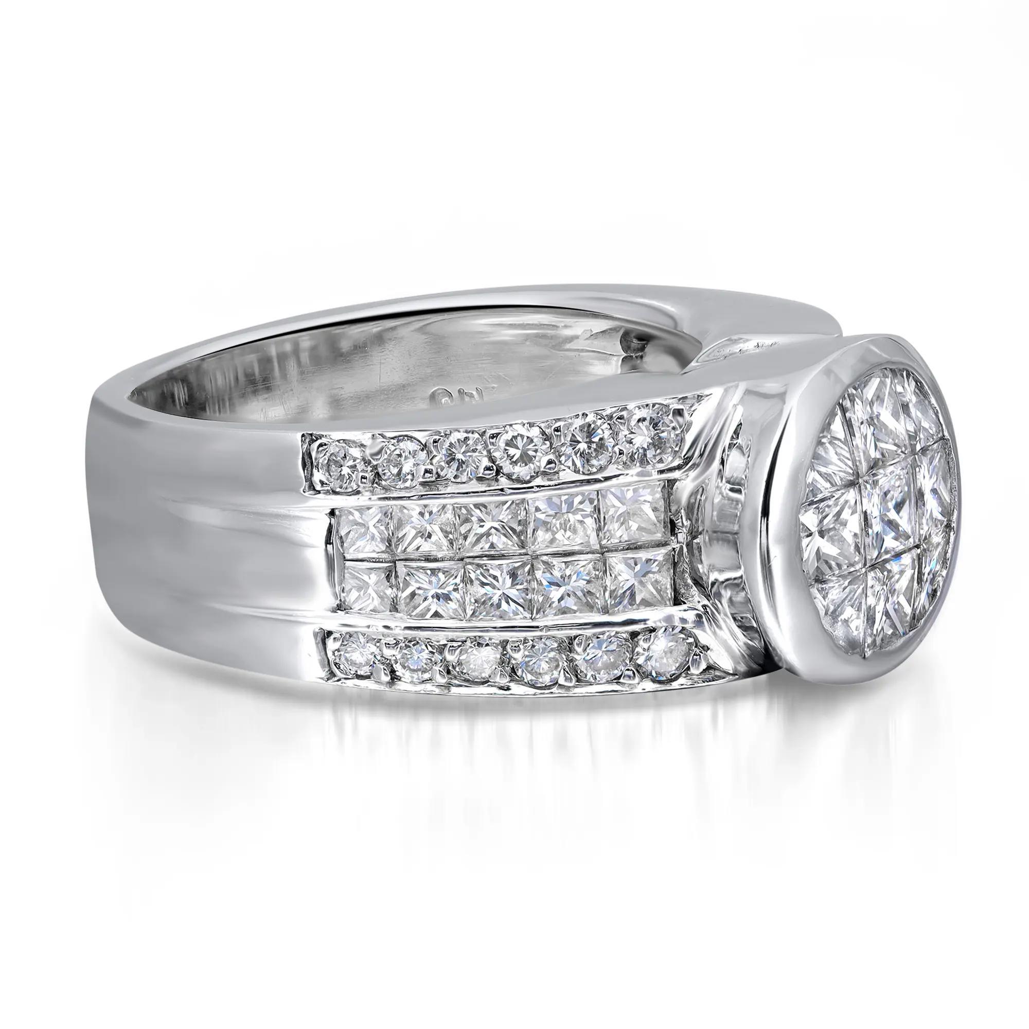 Bold and Beautiful. This one of a kind enchanting band ring features a round bezel center with channel set sparkling princess cut diamonds accented with princess cut and pave set round cut diamonds halfway along the band. Total diamond weight: 2.00