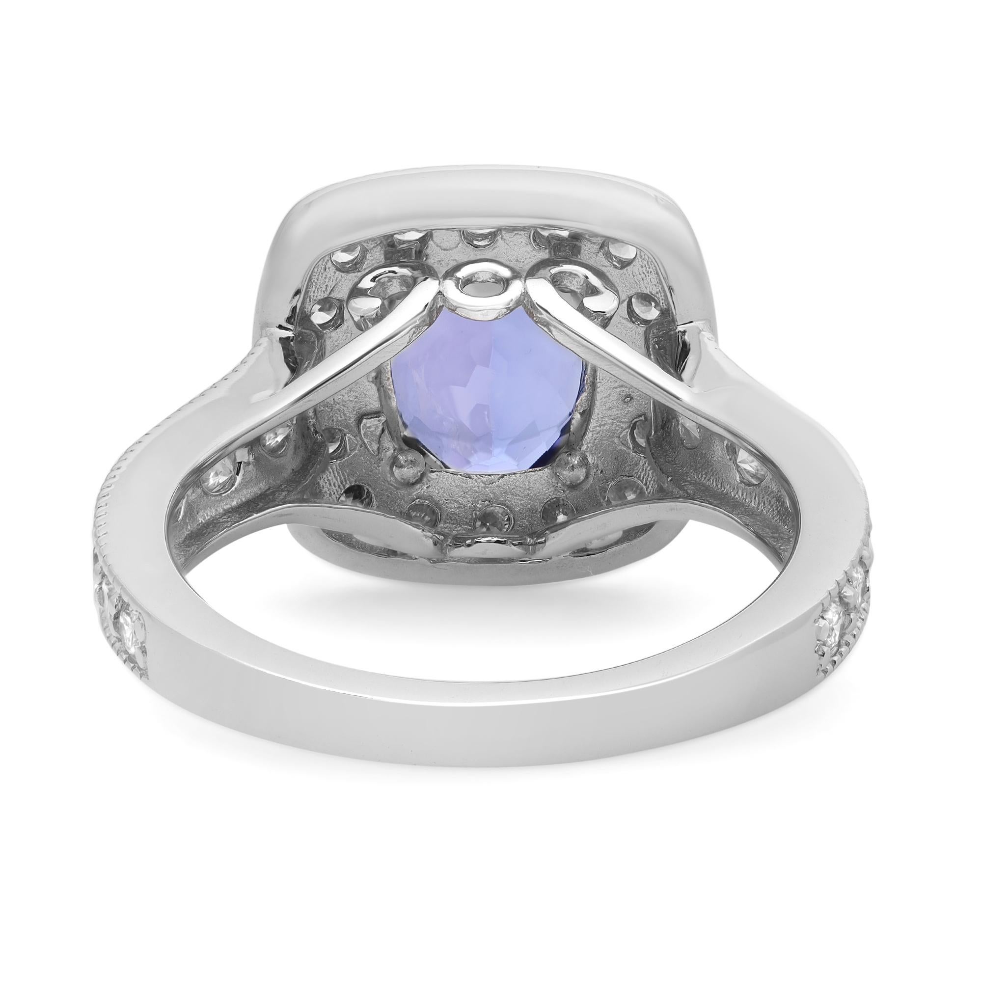 Modern 2.00cttw Tanzanite & Diamond Halo Engagement Ring 14K White Gold For Sale