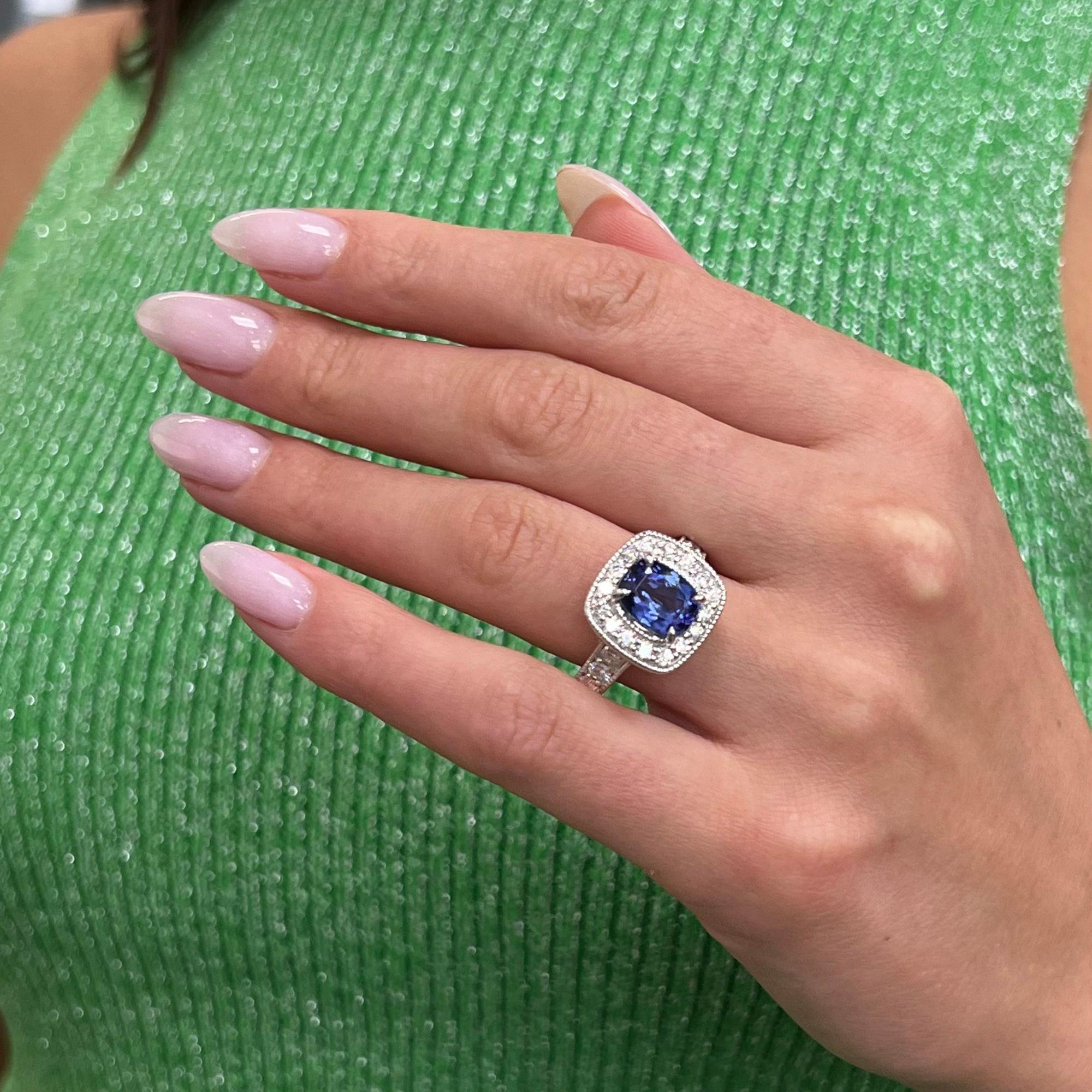 2.00cttw Tanzanite & Diamond Halo Engagement Ring 14K White Gold In New Condition For Sale In New York, NY