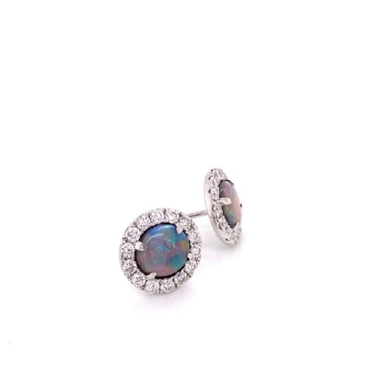 2.00ctw Natural Australian Opal and .86ctw Diamond Halo Studs, 18k White Gold  In New Condition In Houston, TX