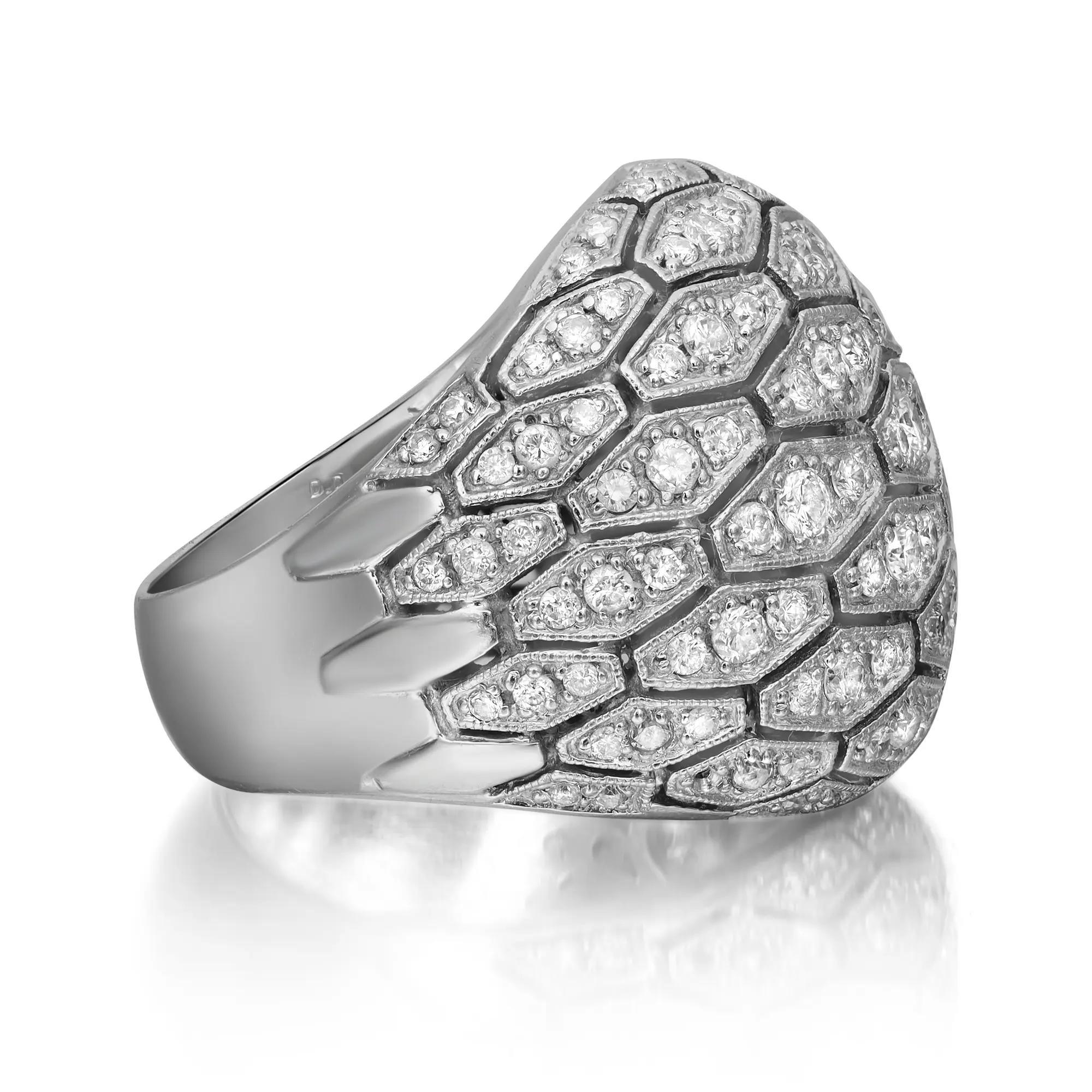 This elegant yet dramatic diamond dome cocktail ring is crafted in 18K white gold. Features pave set round brilliant cut diamonds set in a dome-shaped shank weighing approx. 2.00 carats. Diamond color G-H and SI-I clarity. Ring width: 21.5mm. Ring