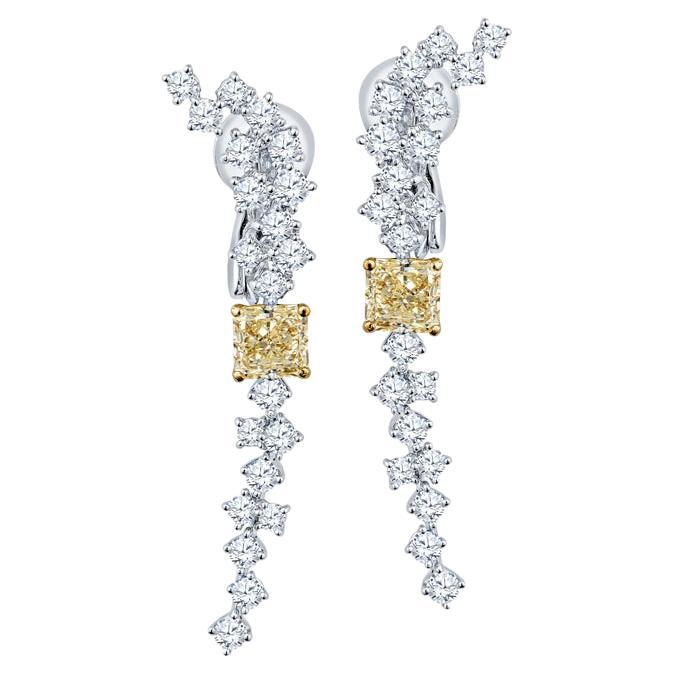 2.00ctw Radiant Fancy Yellow Diamonds w/ 0.60ctw White Diamonds Dangle Earrings For Sale