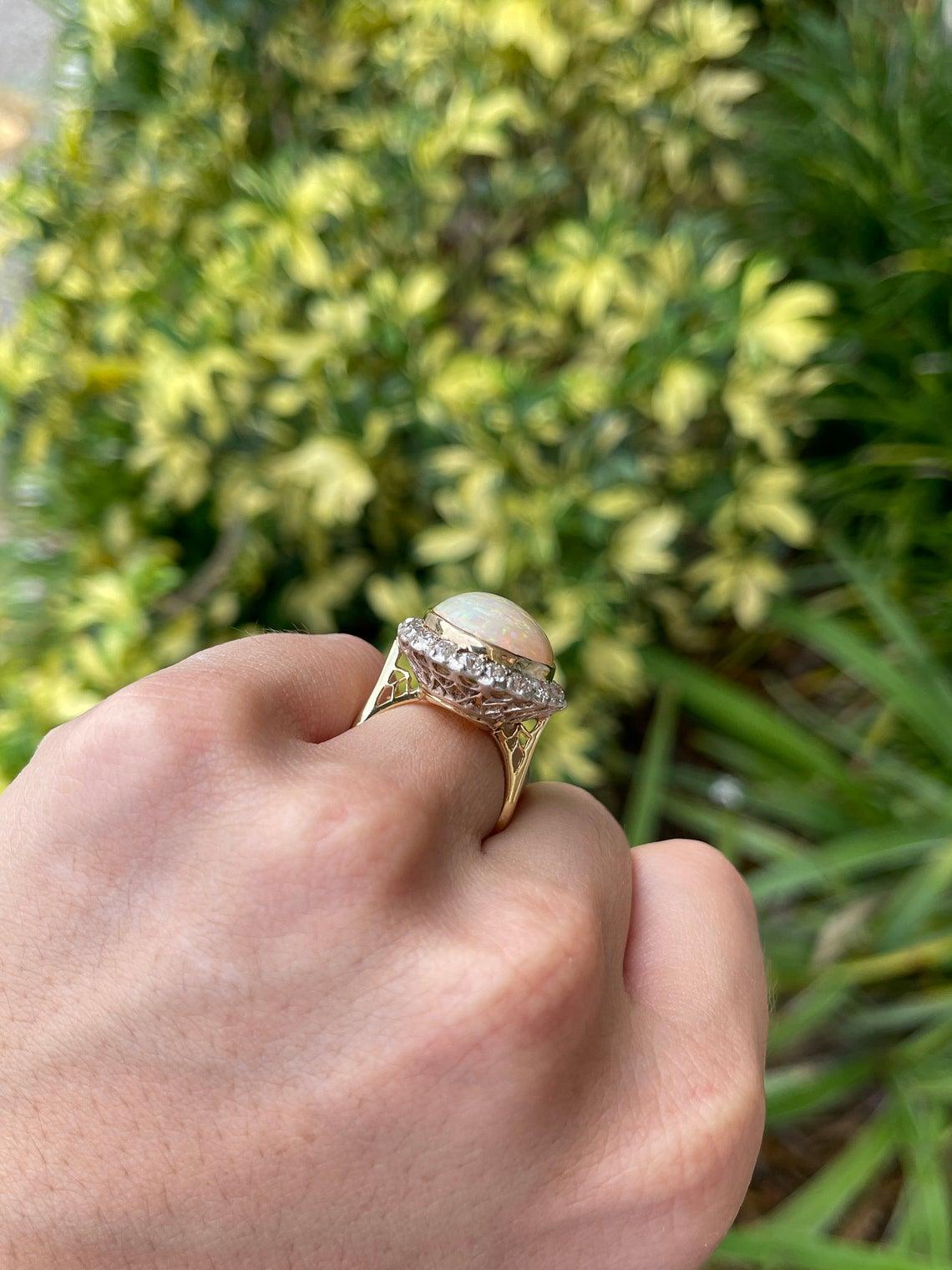 21.60tcw Antiker viktorianischer großer Opal & alte Minen-Diamant Cocktail Ring 1900er Jahre 14K (Ovalschliff)