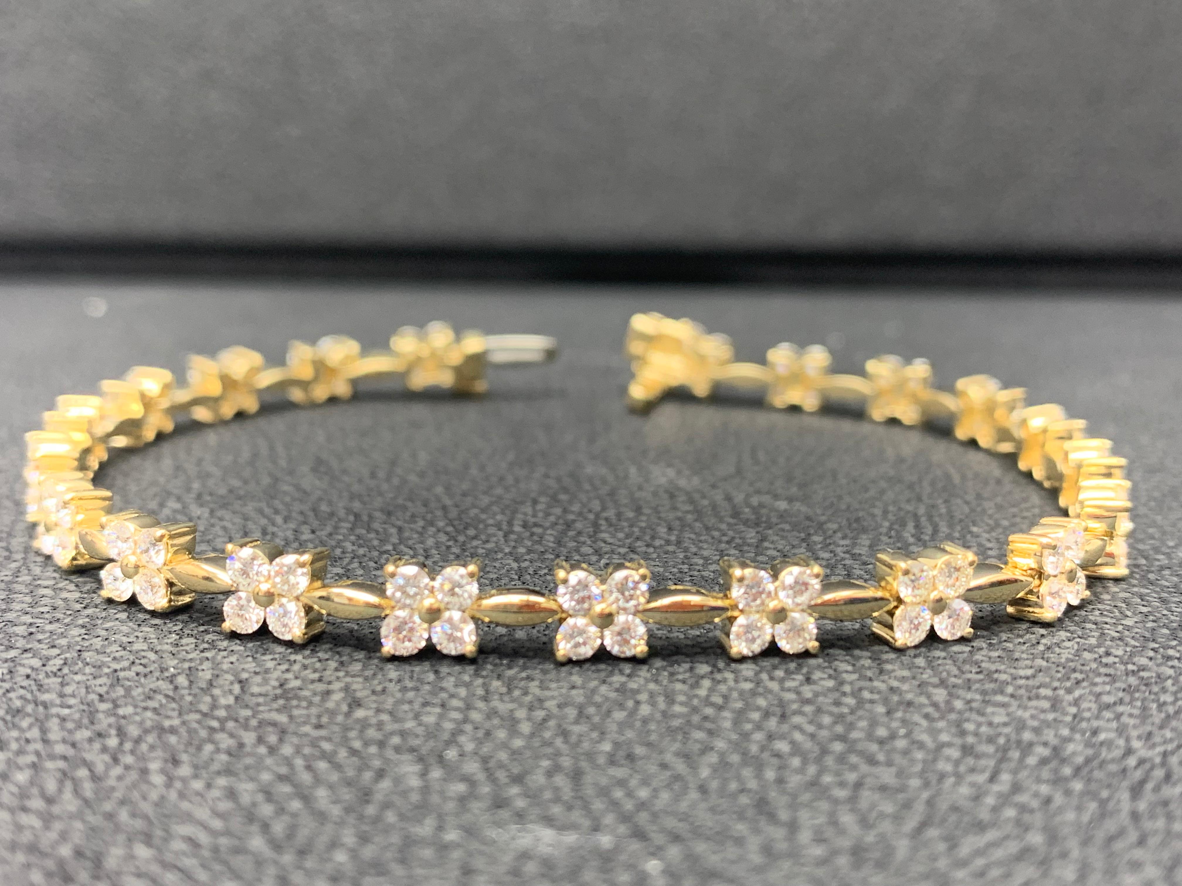 A classic and simple tennis bracelet style featuring a row of round brilliant diamonds weighing 2.01 carats total. Set in a polished 14k yellow gold mounting. 
All diamonds are GH color SI1 Clarity.
Available in Rose and White as well.
Style
