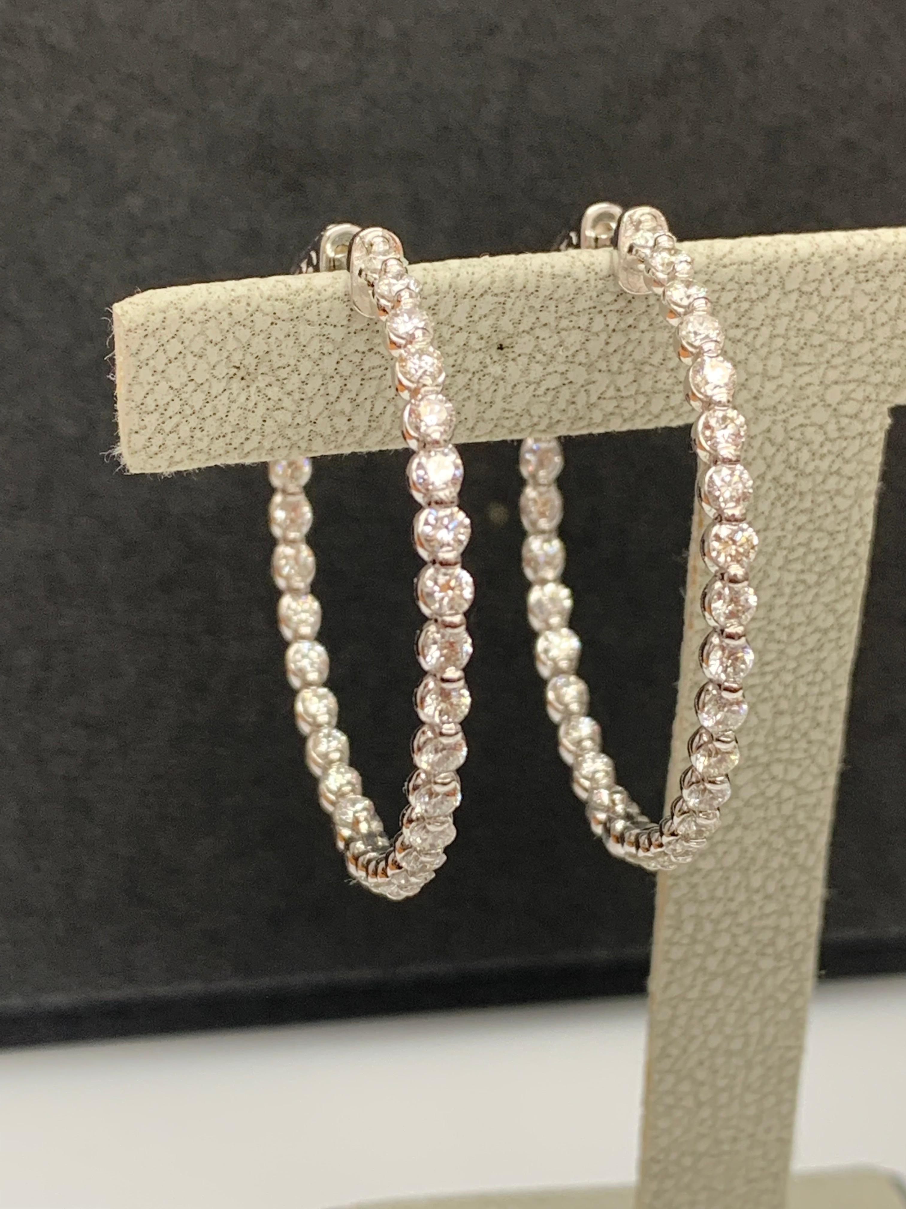 Modern 2.01 Carat Brilliant Cut Round Diamond Hoop Earrings in 14K White Gold For Sale