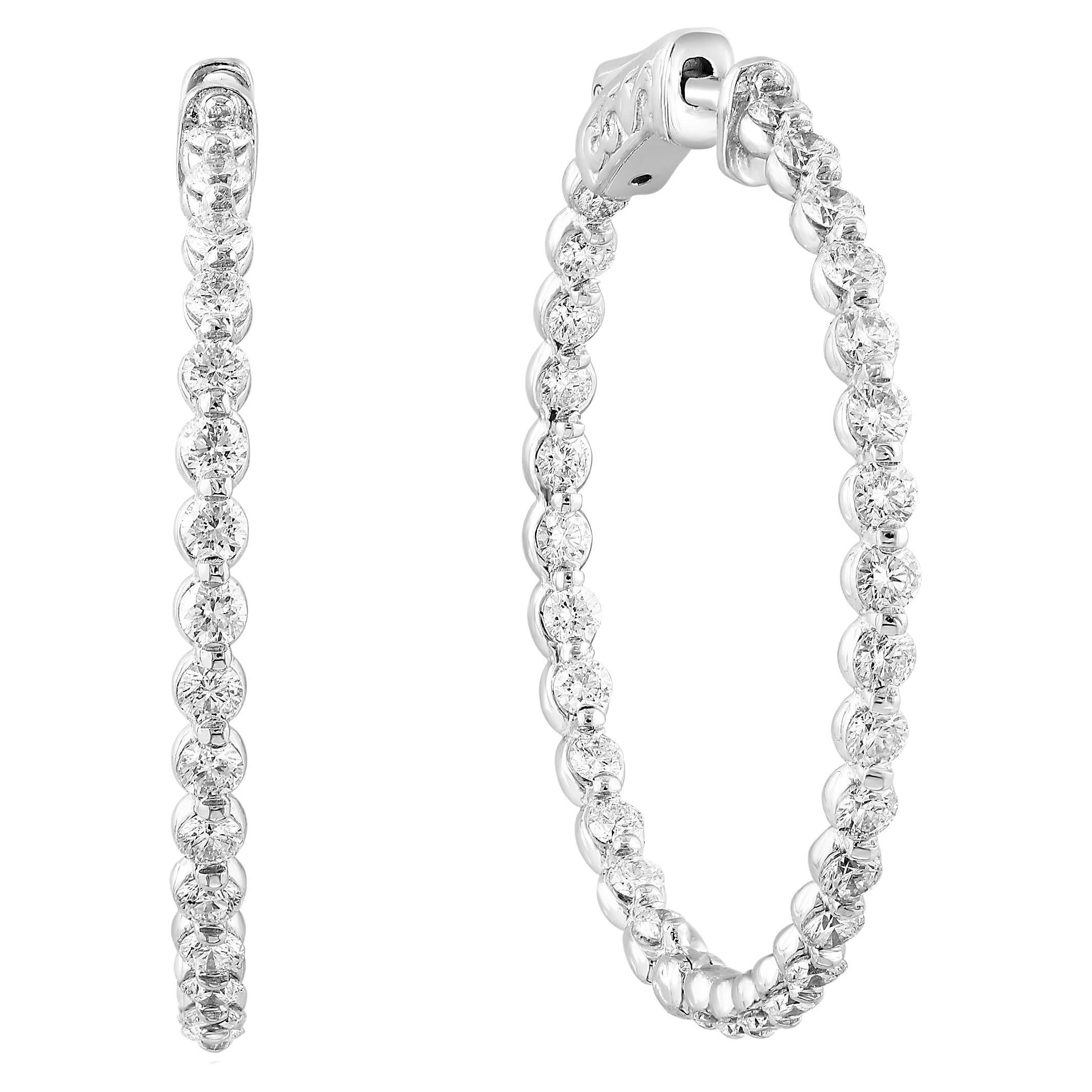 2.01 Carat Brilliant Cut Round Diamond Hoop Earrings in 14K White Gold For Sale