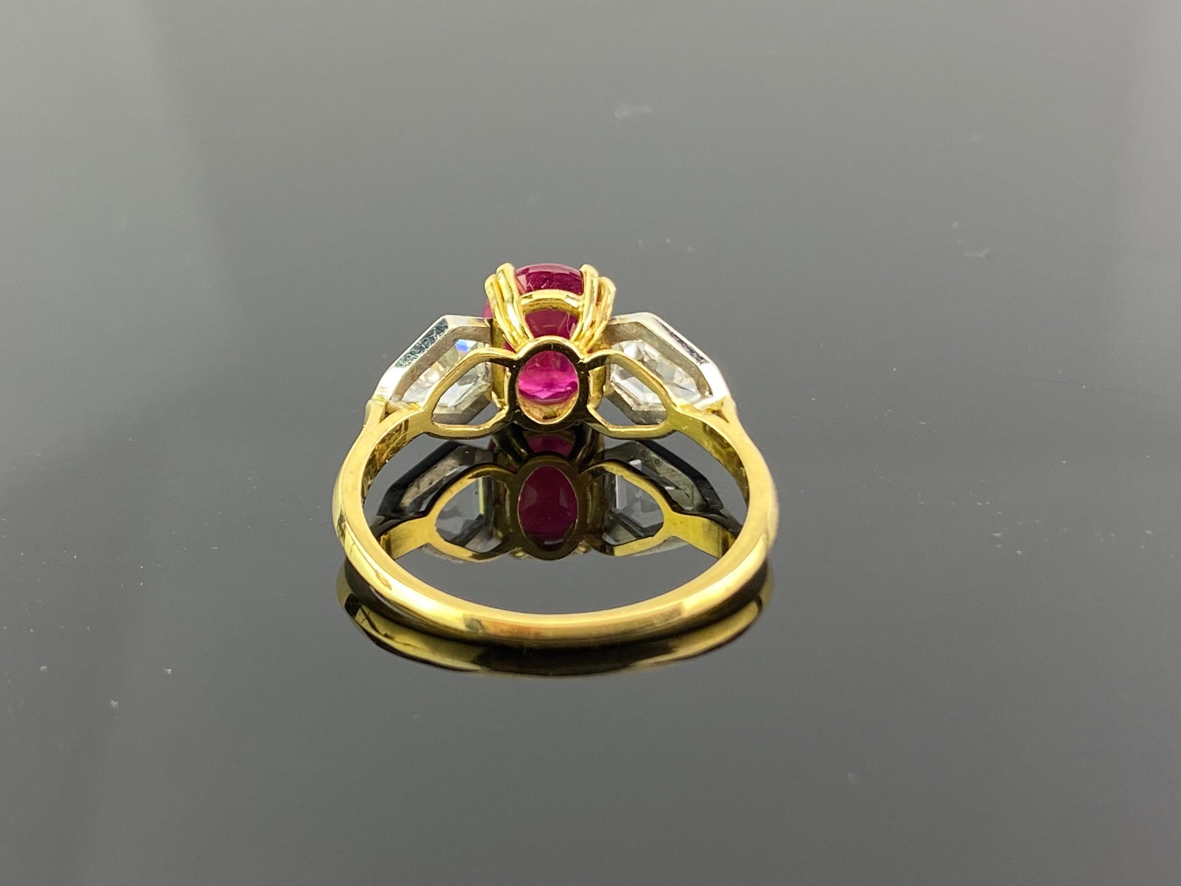 Art Deco 2.01 Carat Burmese Ruby and Diamond Three Stone Engagement Ring For Sale