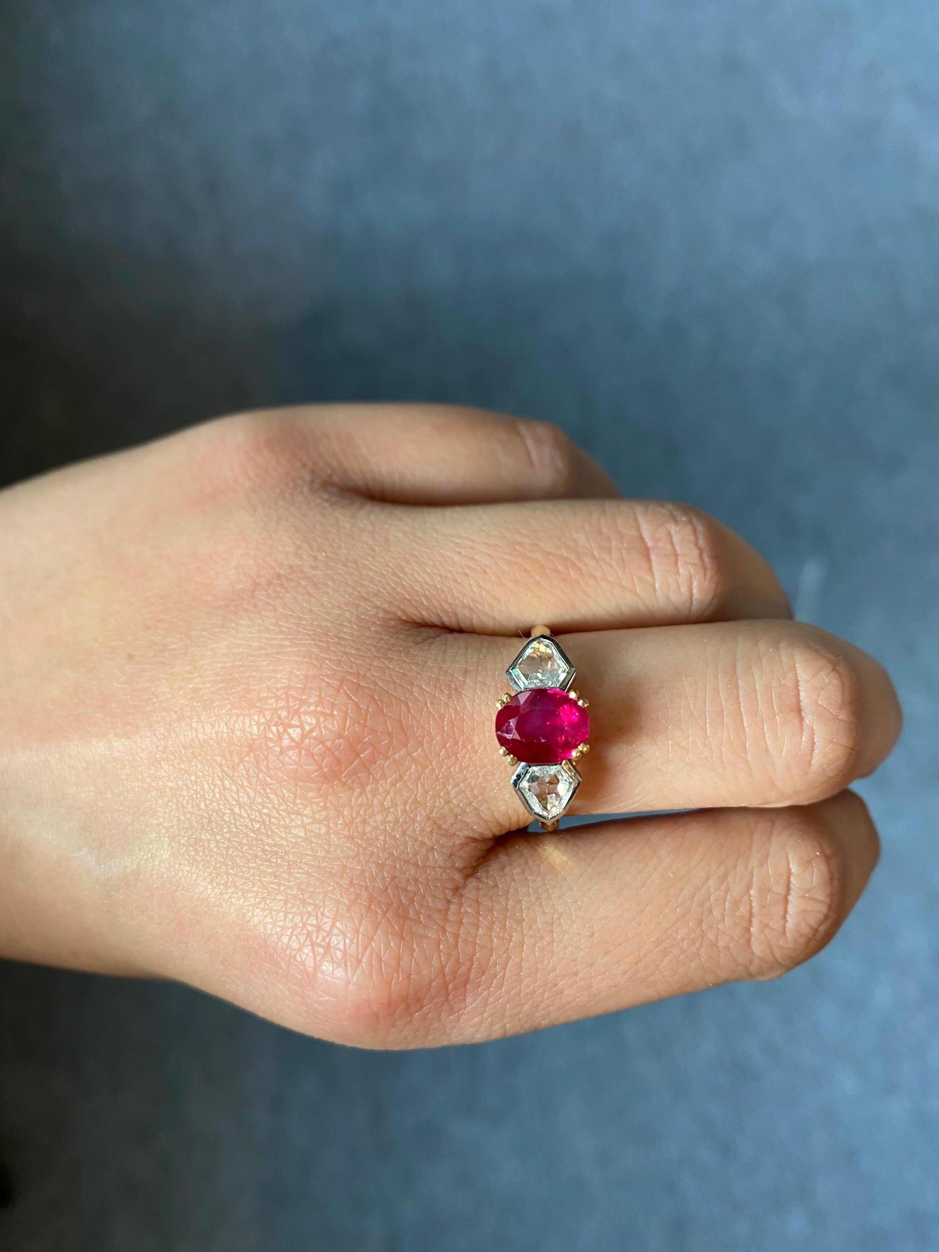 Women's or Men's 2.01 Carat Burmese Ruby and Diamond Three Stone Engagement Ring For Sale