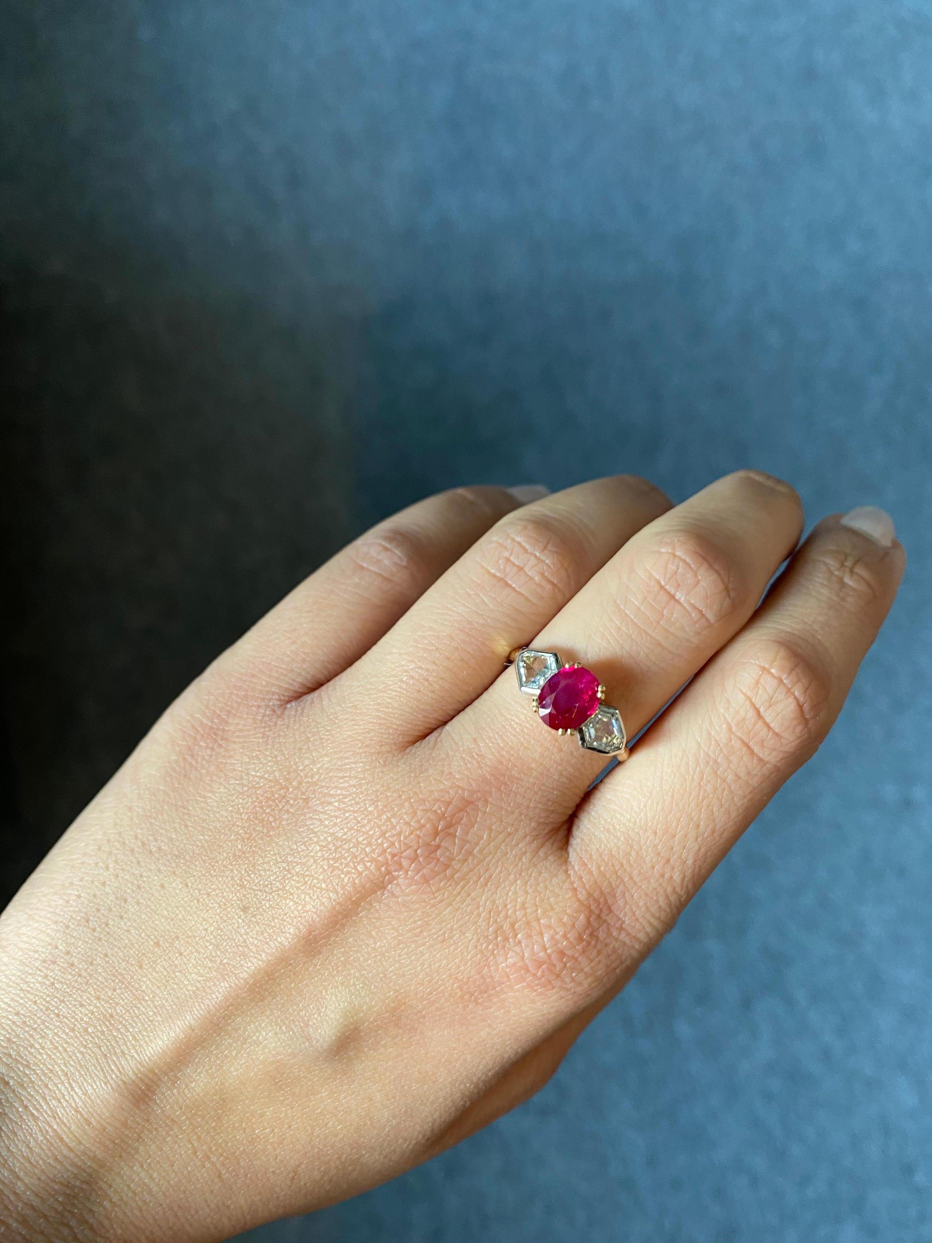 2.01 Carat Burmese Ruby and Diamond Three Stone Engagement Ring For Sale 1