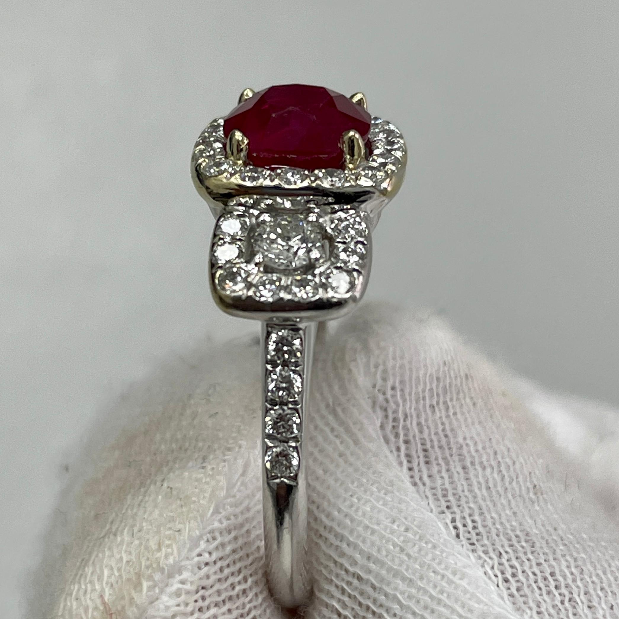 Cushion Cut 2.01 Carat Deep Red Ruby & Diamond 18K White Gold Ring For Sale