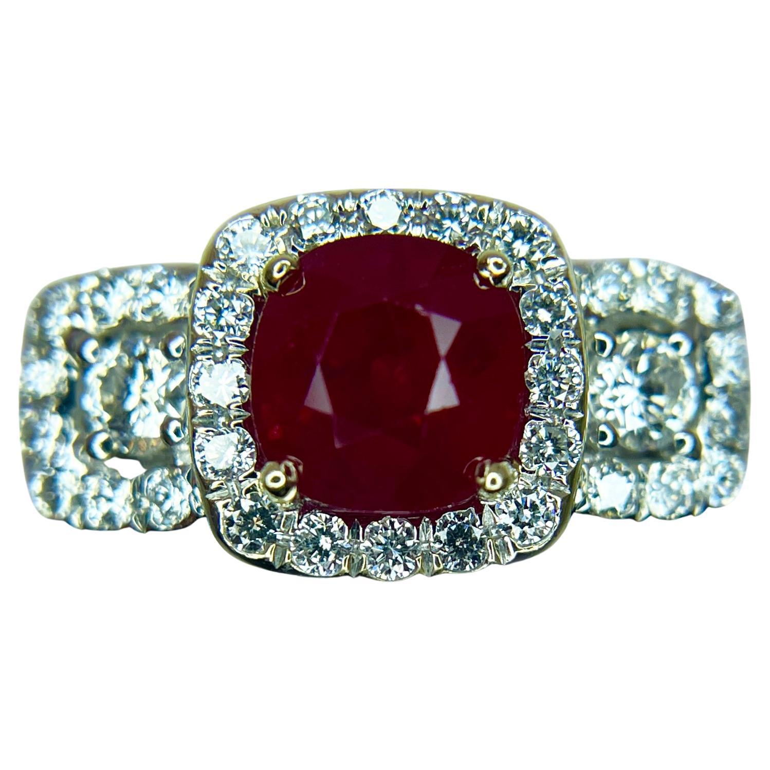 2.01 Carat Deep Red Ruby & Diamond 18K White Gold Ring For Sale