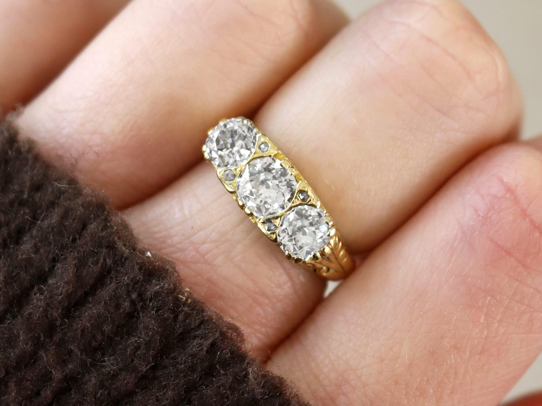 Old European Cut 2.01 Carat Diamond and Yellow Gold Trilogy Ring For Sale