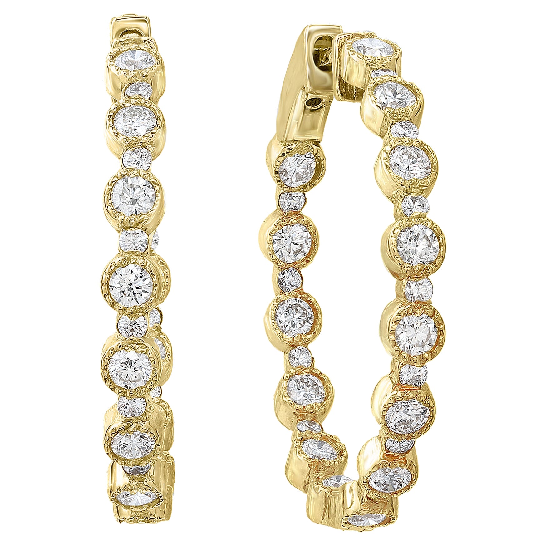 2.01 Carat Diamond Hoop Earrings in 14K Yellow Gold For Sale