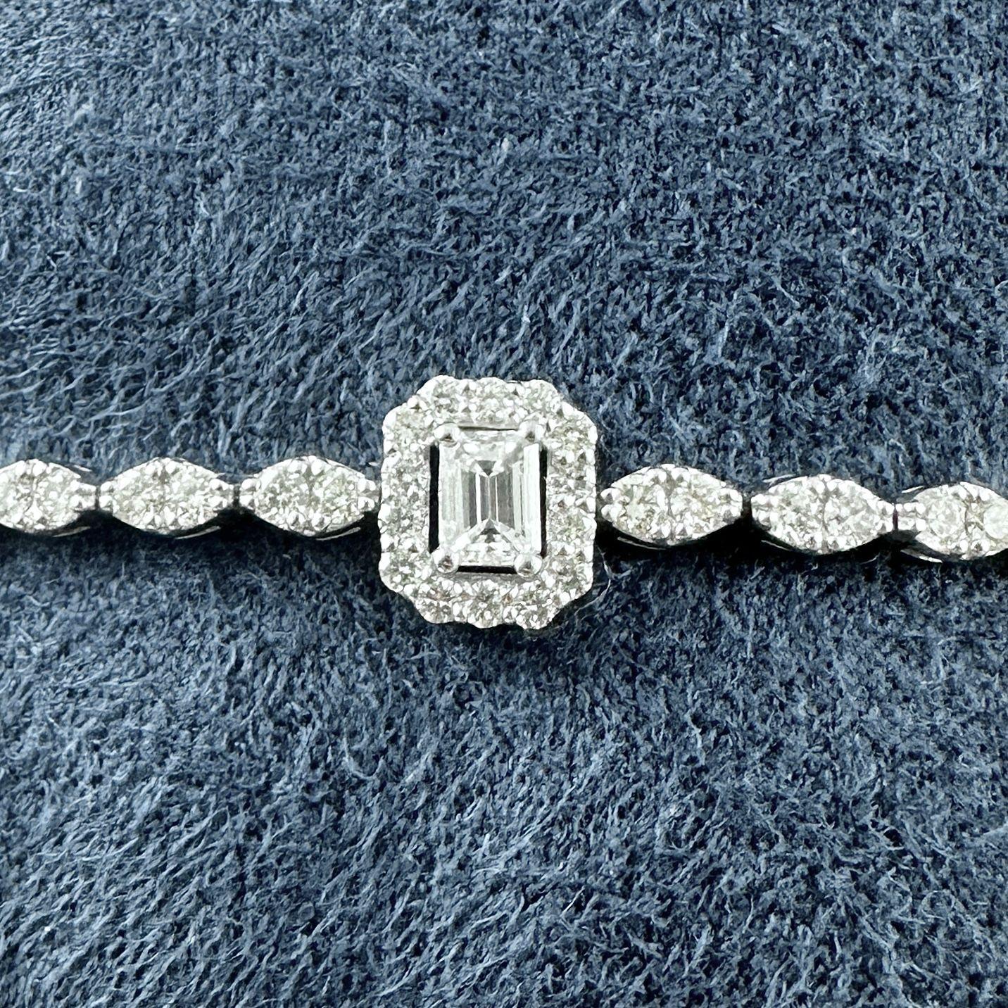 Women's 2.20 Carat Emerald-Cut Diamond Halo Center Bracelet in 14K White Gold, 7 Inches For Sale