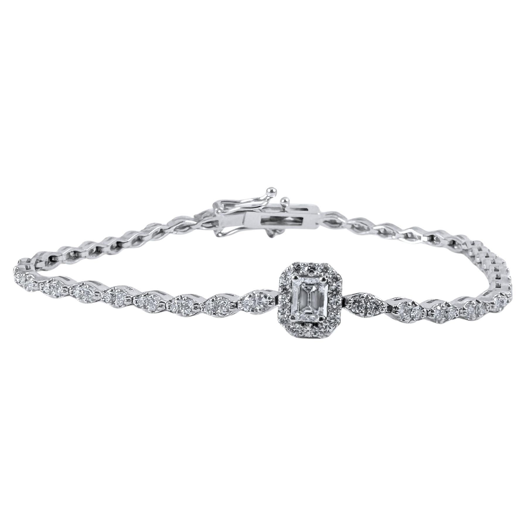 2.20 Carat Emerald-Cut Diamond Halo Center Bracelet in 14K White Gold, 7 Inches