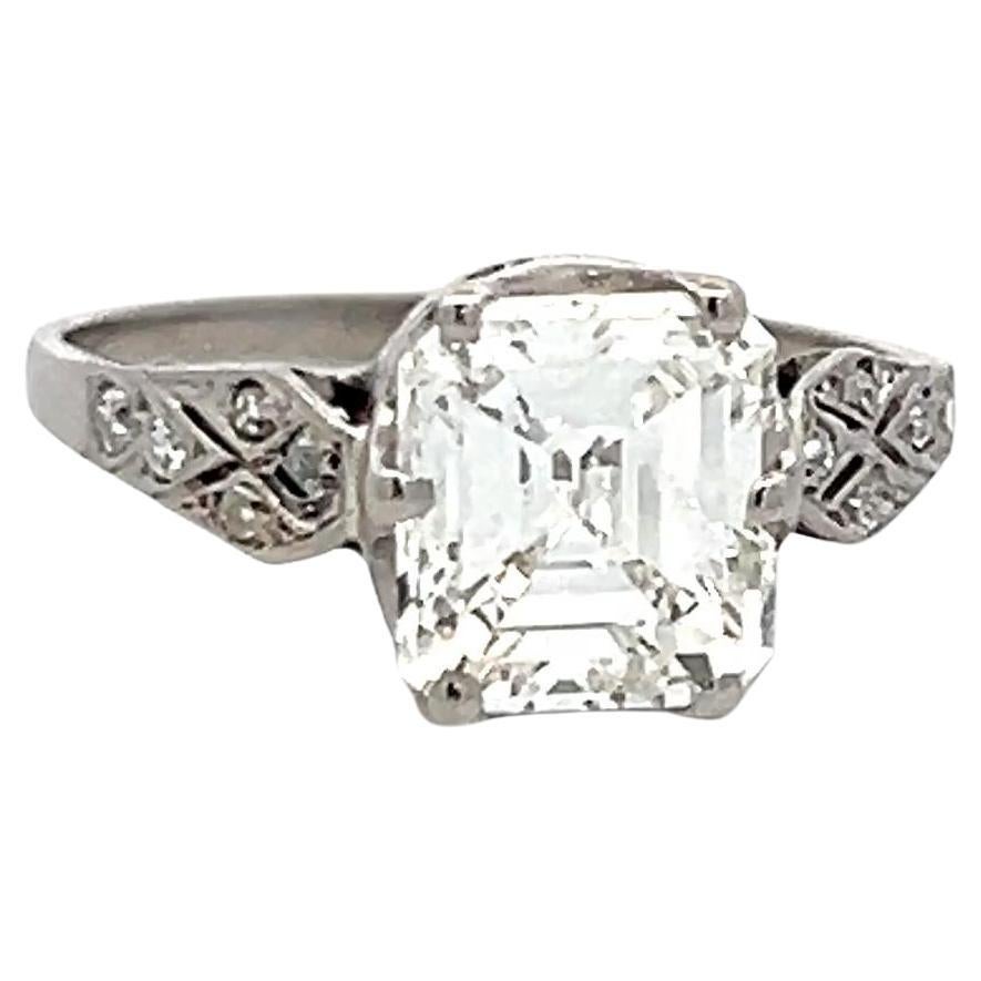2.01 Carat Emerald Cut F SI1 Diamond Platinum Vintage Engagement Ring GIA