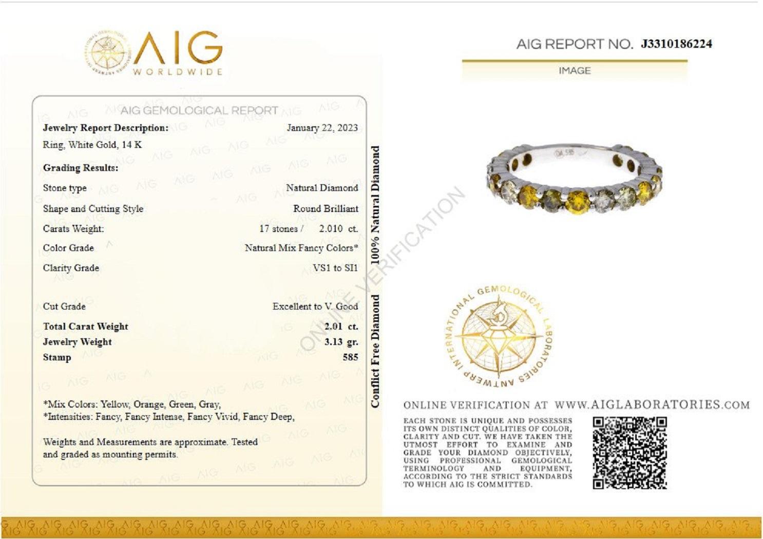 Art Deco NO RESERVE - 2.01 Carat Fancy Diamonds 3/4 Eternity Band, 14k White Gold Ring