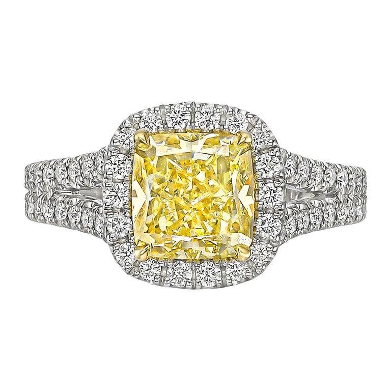 Cushion Cut 2.01 Carat Fancy Intense Yellow Diamond Ring 'VS1'