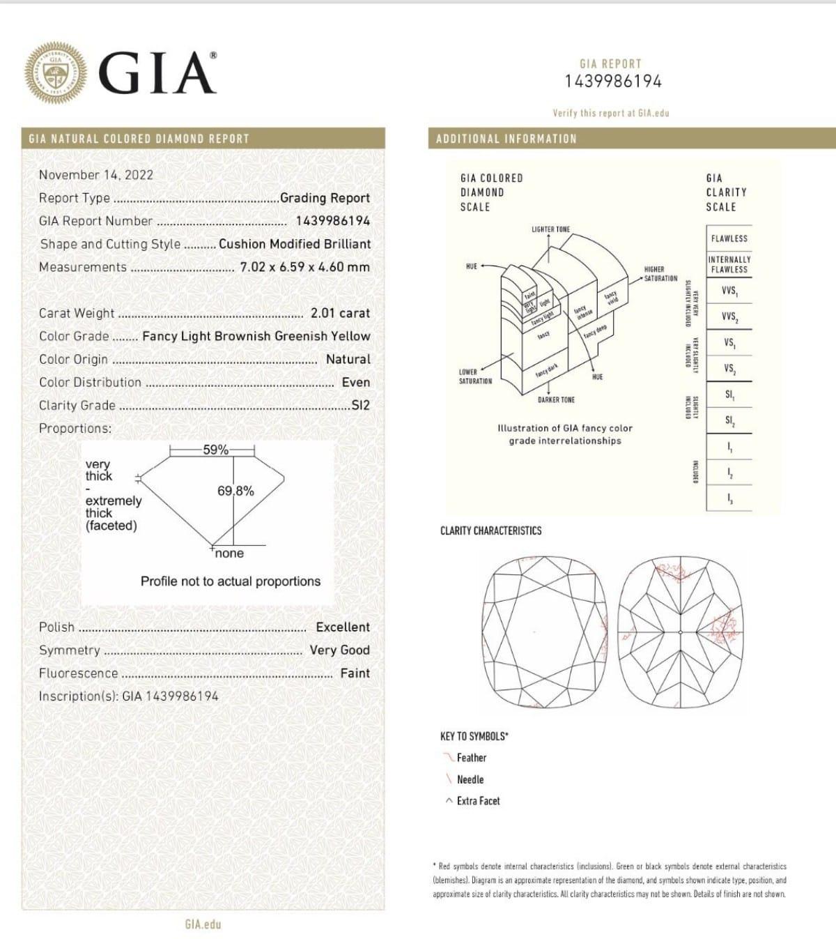 2.01 Carat Fancy Light Brownish Greenish Yellow Diamon Ring GIA Certified  For Sale 1