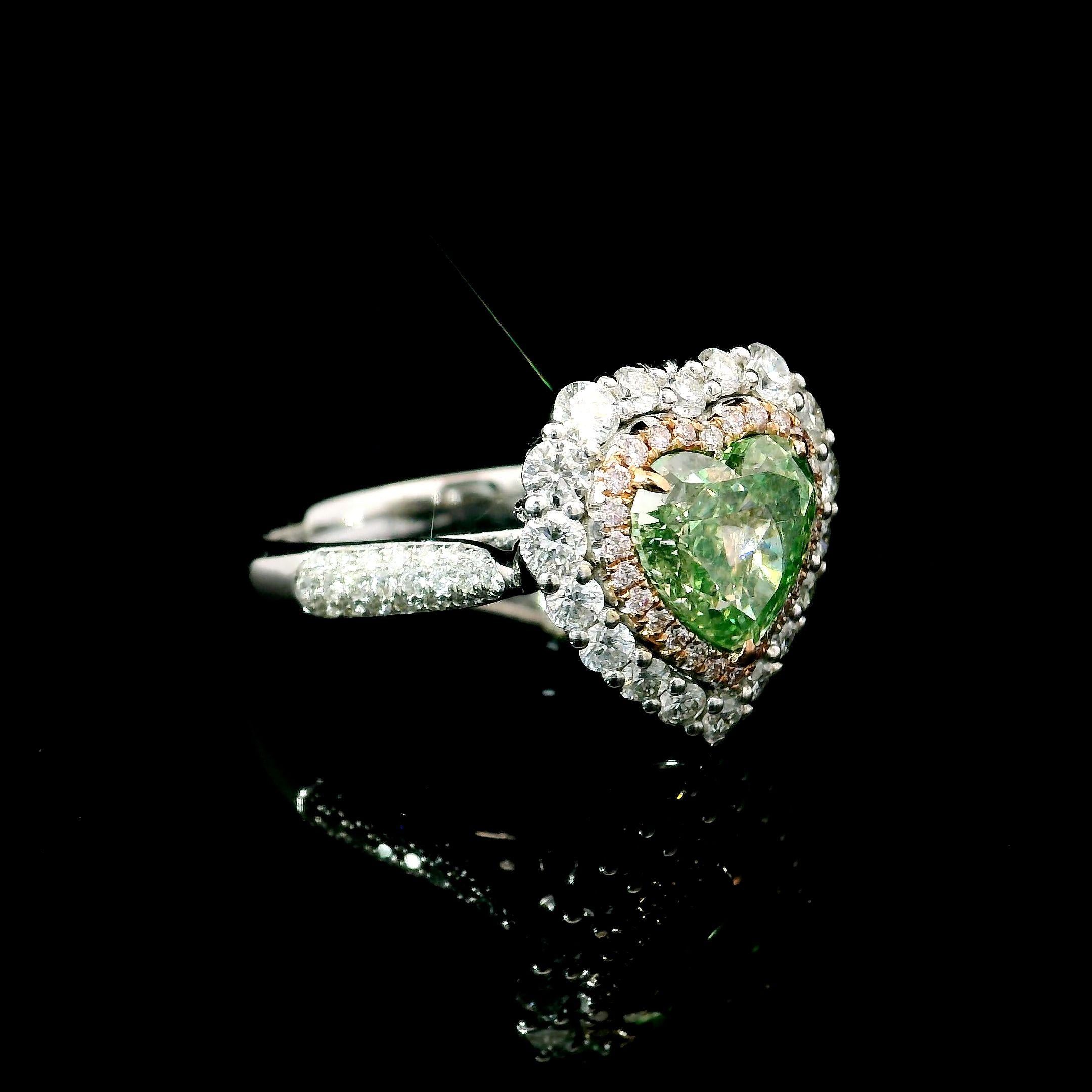 Heart Cut 2.01 Carat Fancy Light Brownish Greenish Yellow VS2 Clarity Diamond Ring For Sale