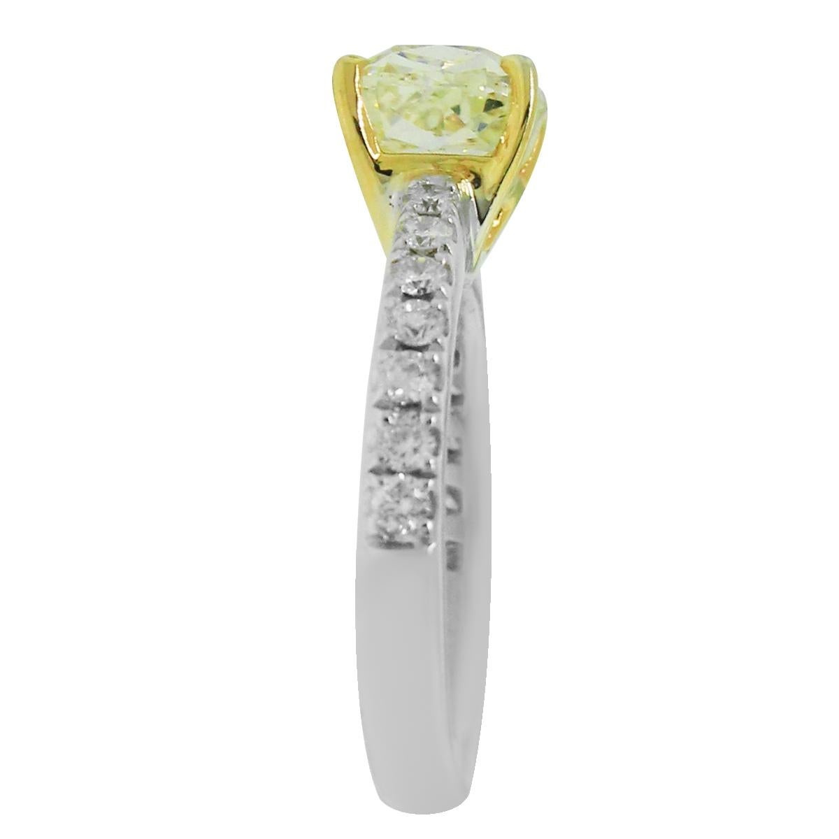 Material: Platinum
Diamond Details: Approximately 2.01ct cushion cut diamond. Diamond is Fancy yellow in color and VS in clarity.
Ring Size: 4 (can be sized)
Total Weight: 5g (3.2dwt)
Measurements: 0.75