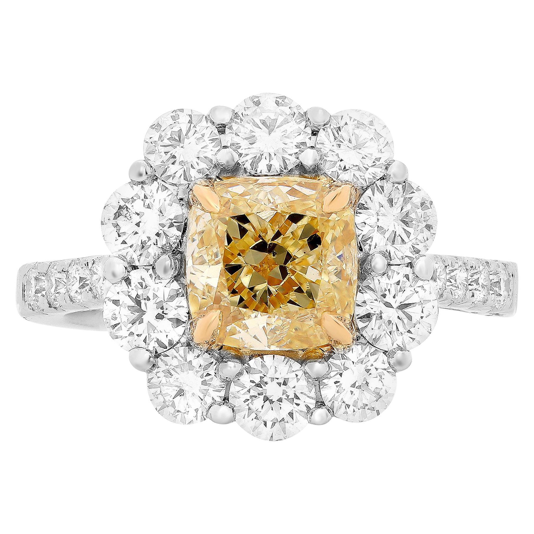 2.01 Carat GIA Certified Fancy Yellow Diamond Ring For Sale