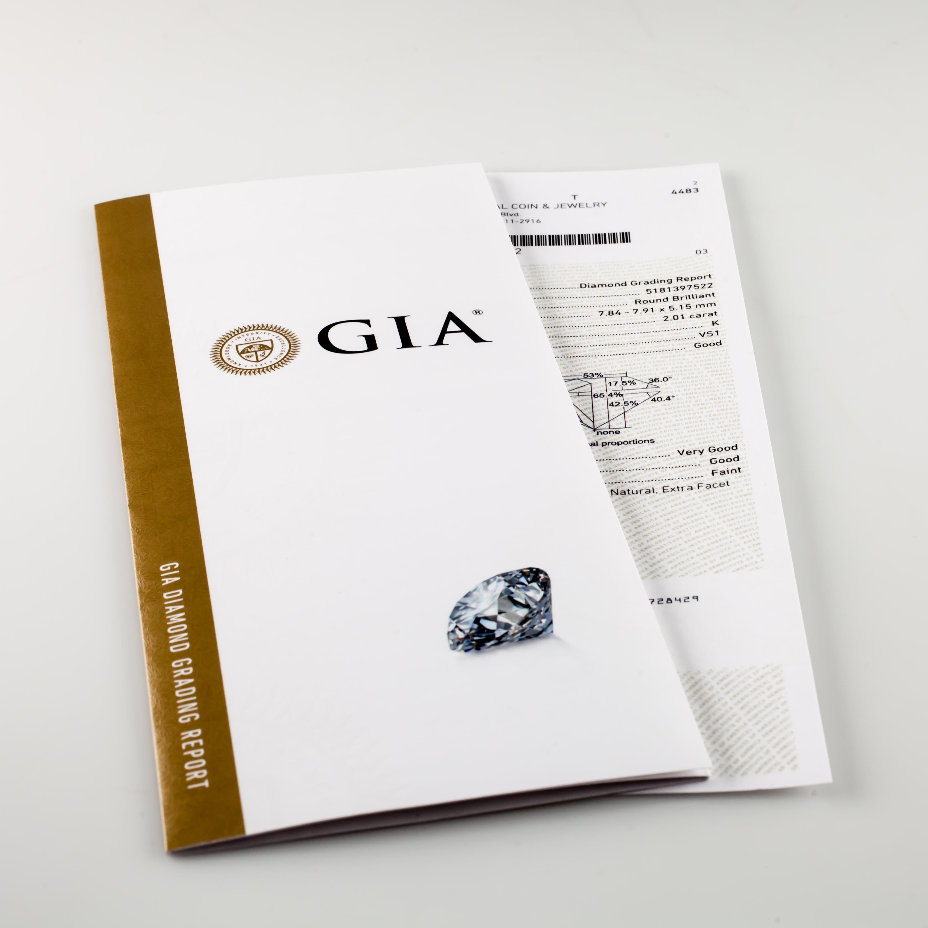 2,01 Karat Loser K / VS1 Runder Brillantschliff Diamant GIA zertifiziert im Angebot 4