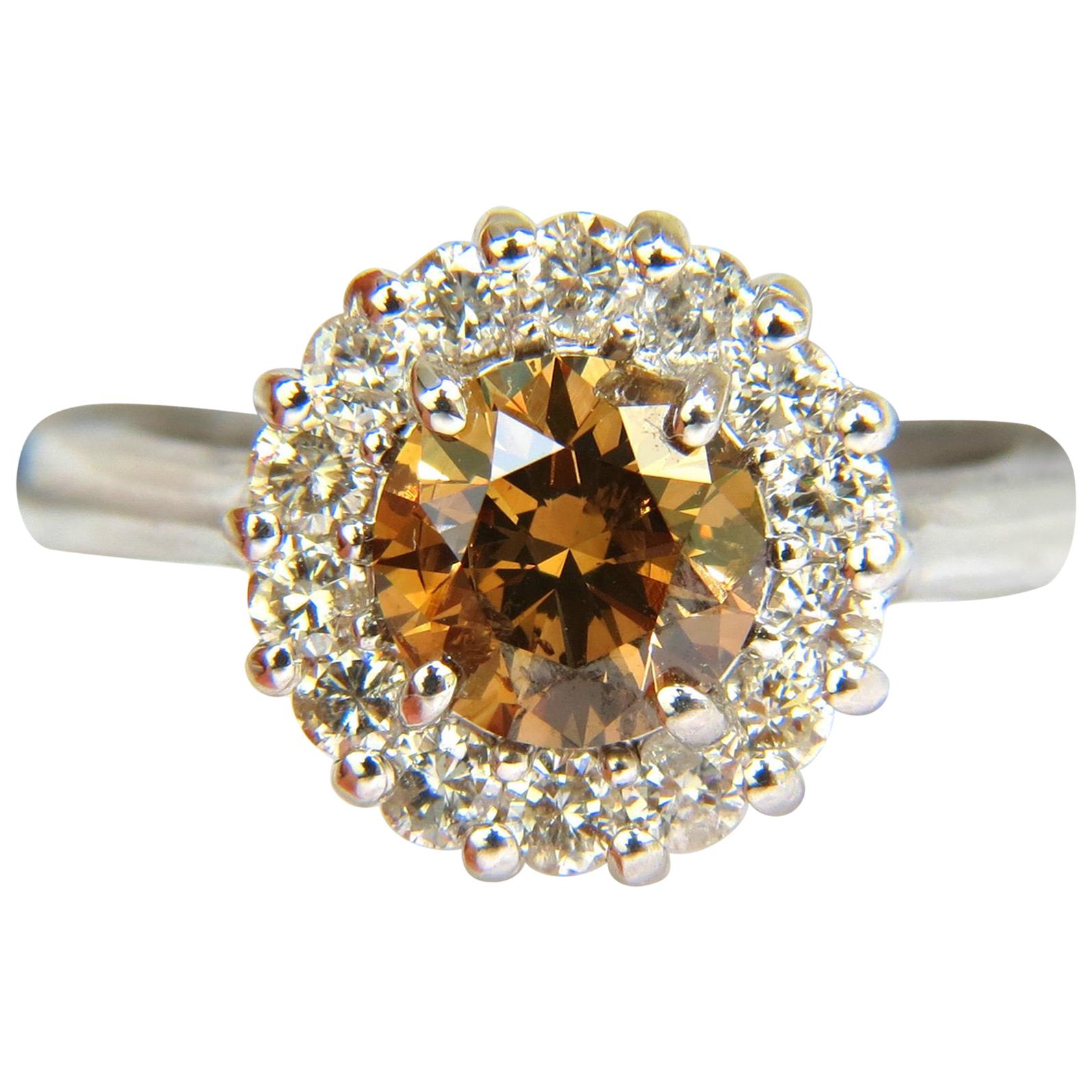 2.01 Carat Natural Fancy Orange Brown Diamond Cluster Halo Ring G/VS Full Cuts For Sale